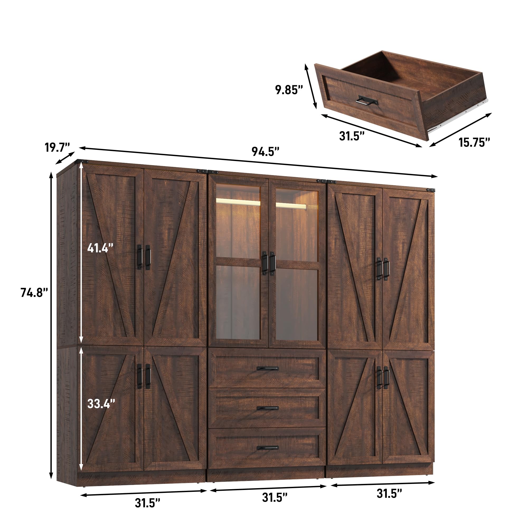 75"H Farmhouse Armoire Wardrobe Set with Drawers and Glass Doors