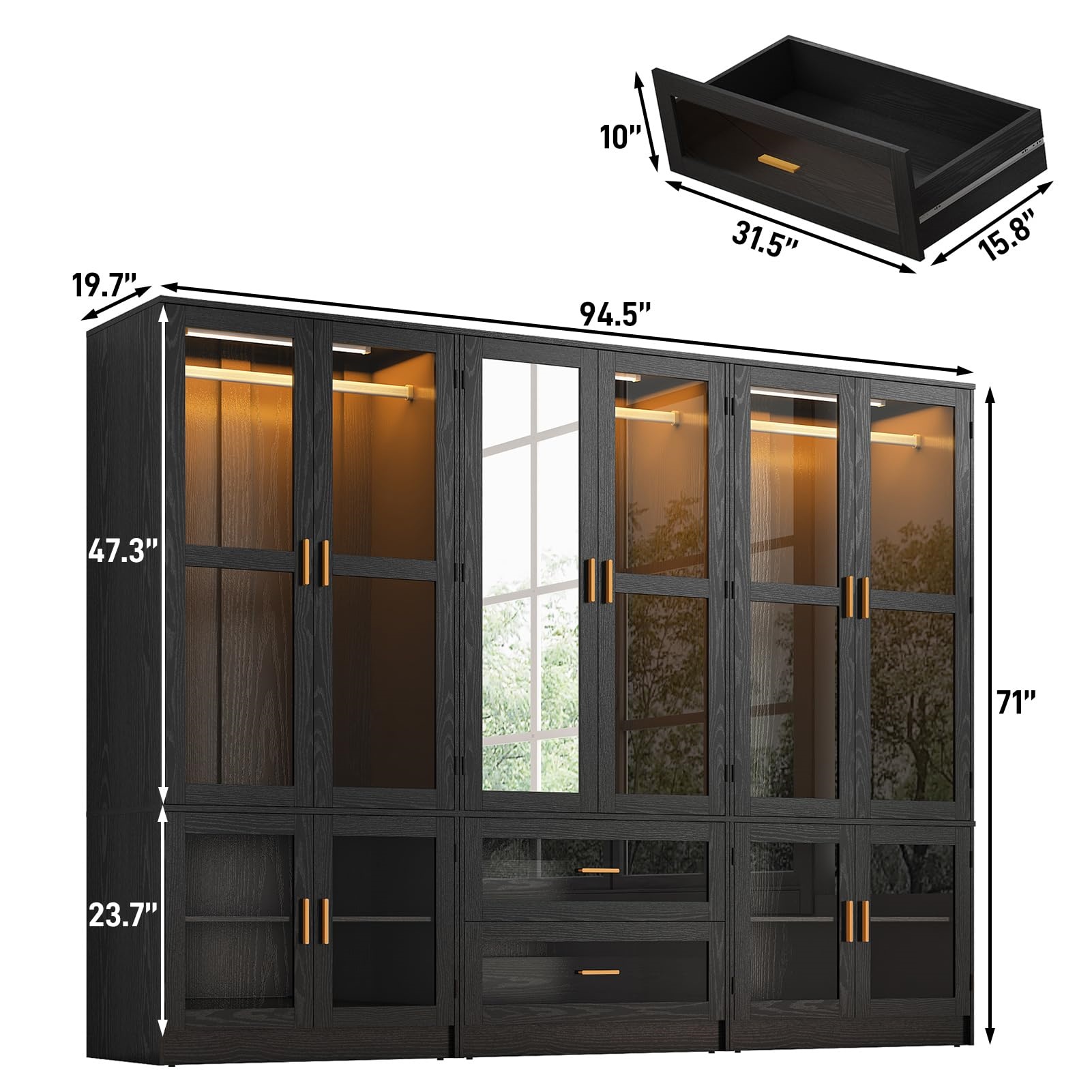 4 Glass Door Armoire Wardrobe Closet with Mirror & LED