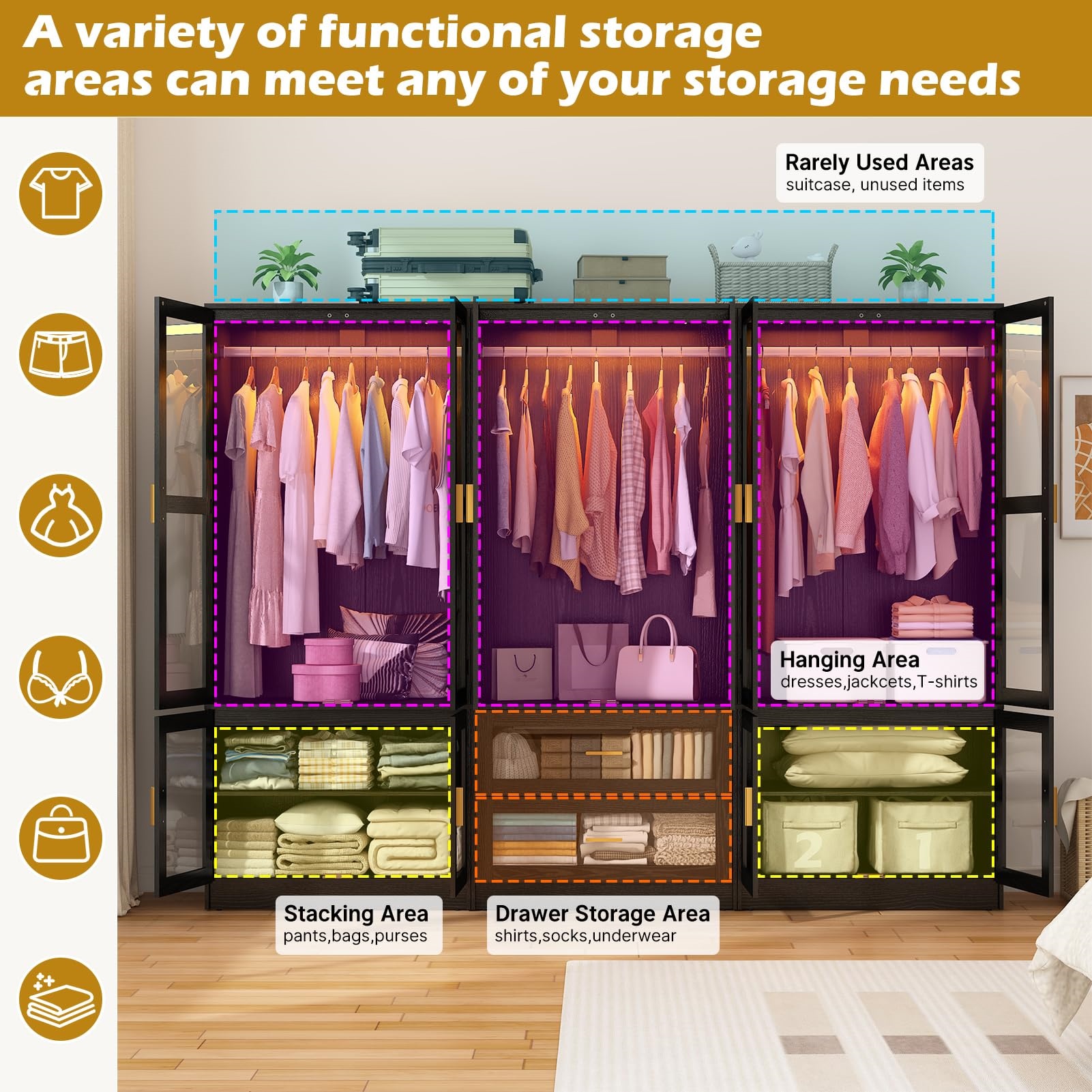 4 Glass Door Armoire Wardrobe Closet with Mirror & LED