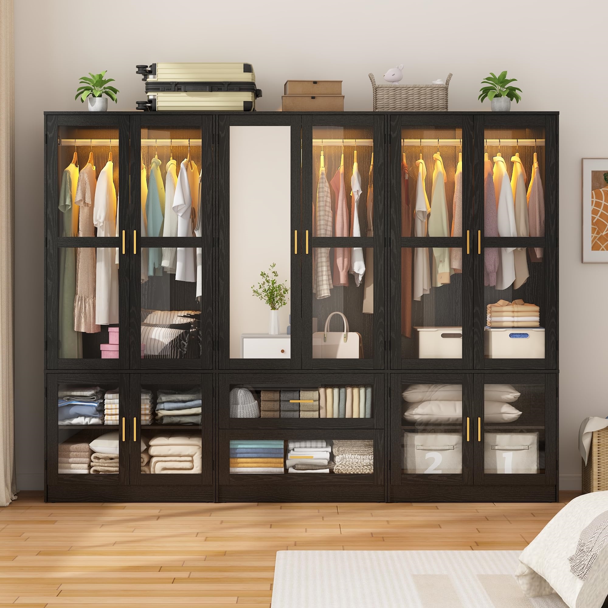 4 Glass Door Armoire Wardrobe Closet with Mirror & LED