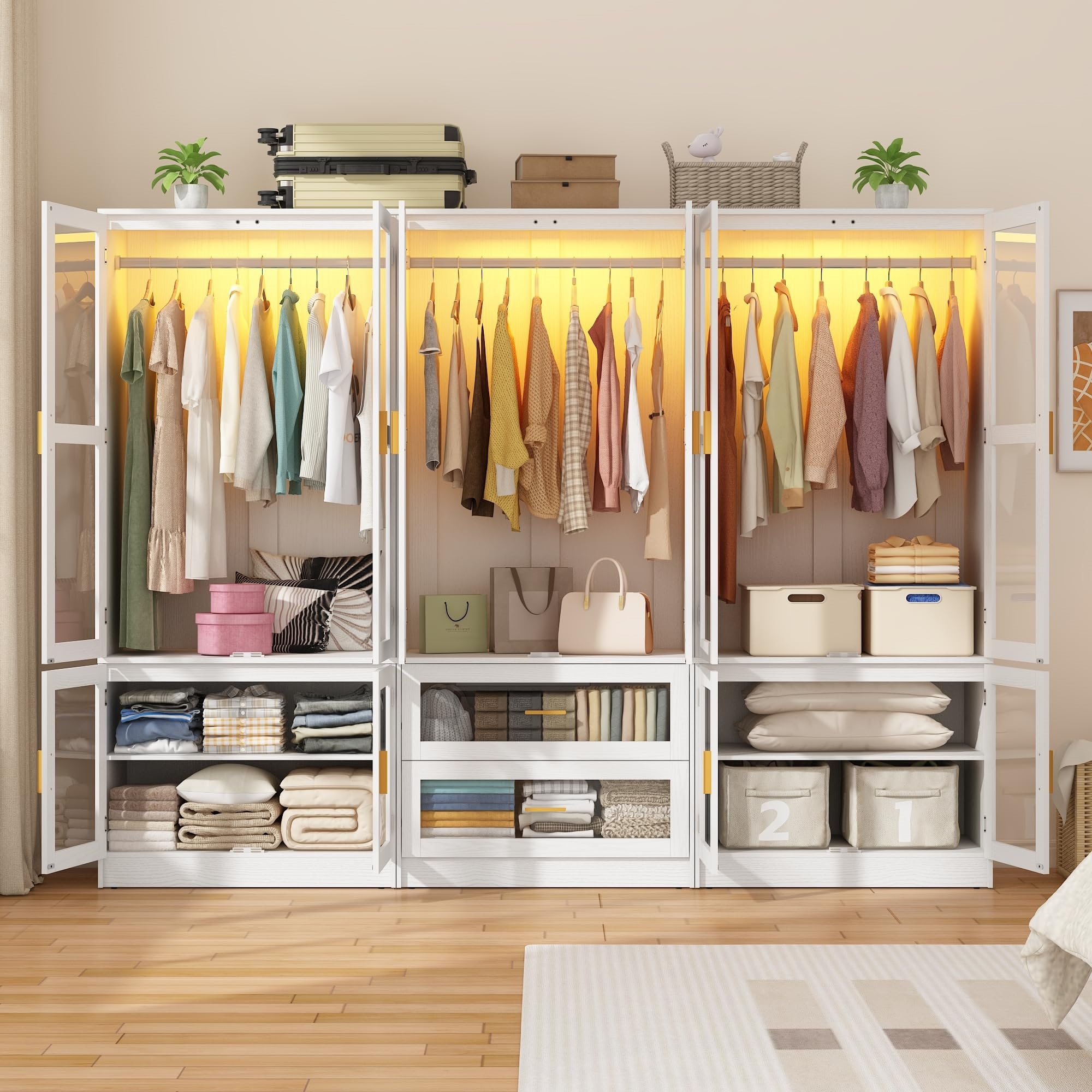 4 Glass Door Armoire Wardrobe Closet with Mirror & LED