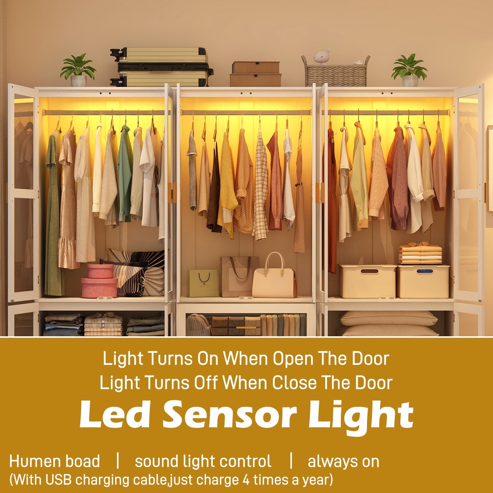 4 Glass Door Armoire Wardrobe Closet with Mirror & LED