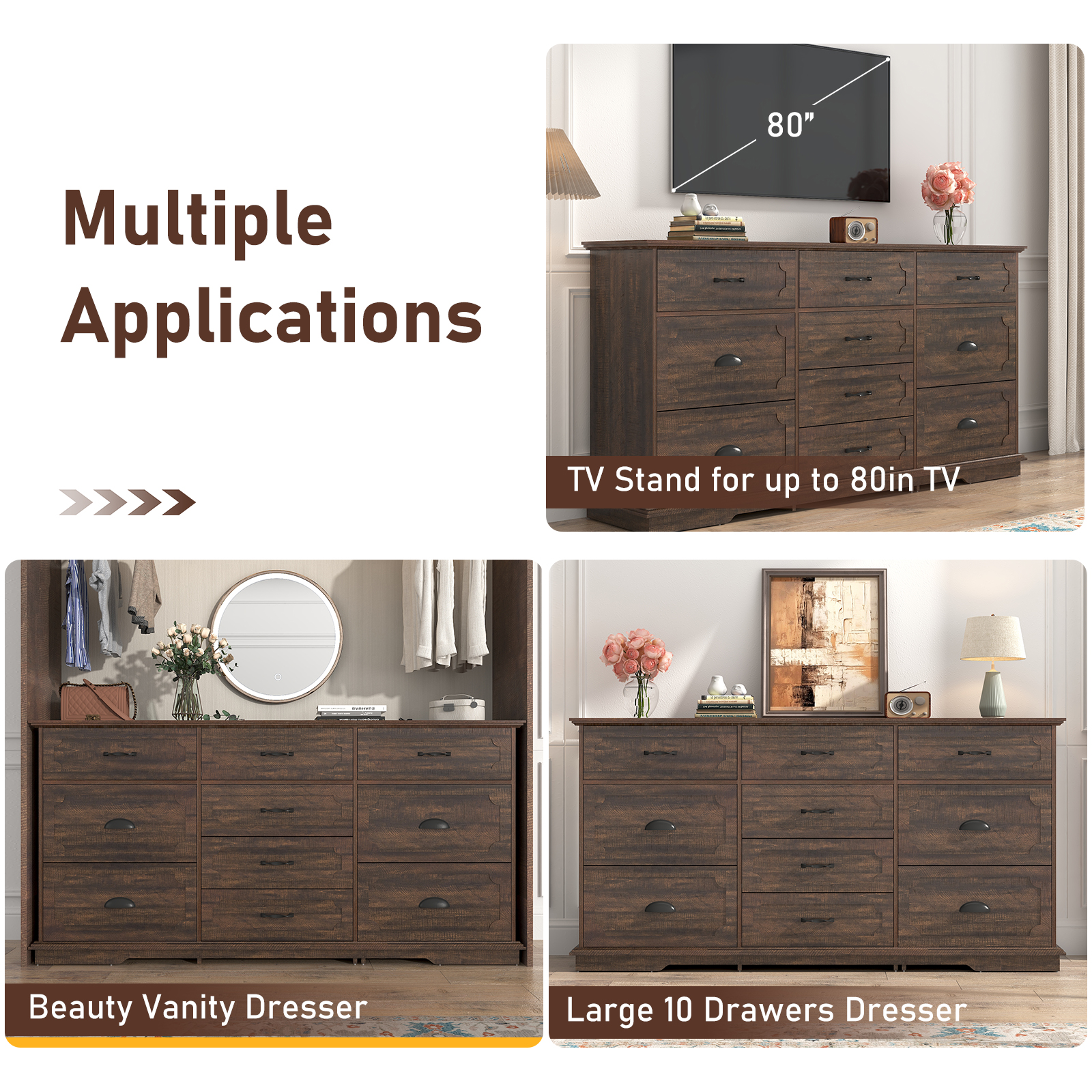 Blotout 70" Large Long Dresser, Luxury 10 Drawer Dresser with Deep Big Drawers, Dressers TV Stand with Charging Station, Wooden Chest of Drawers Brown Dresser for Bedroom
