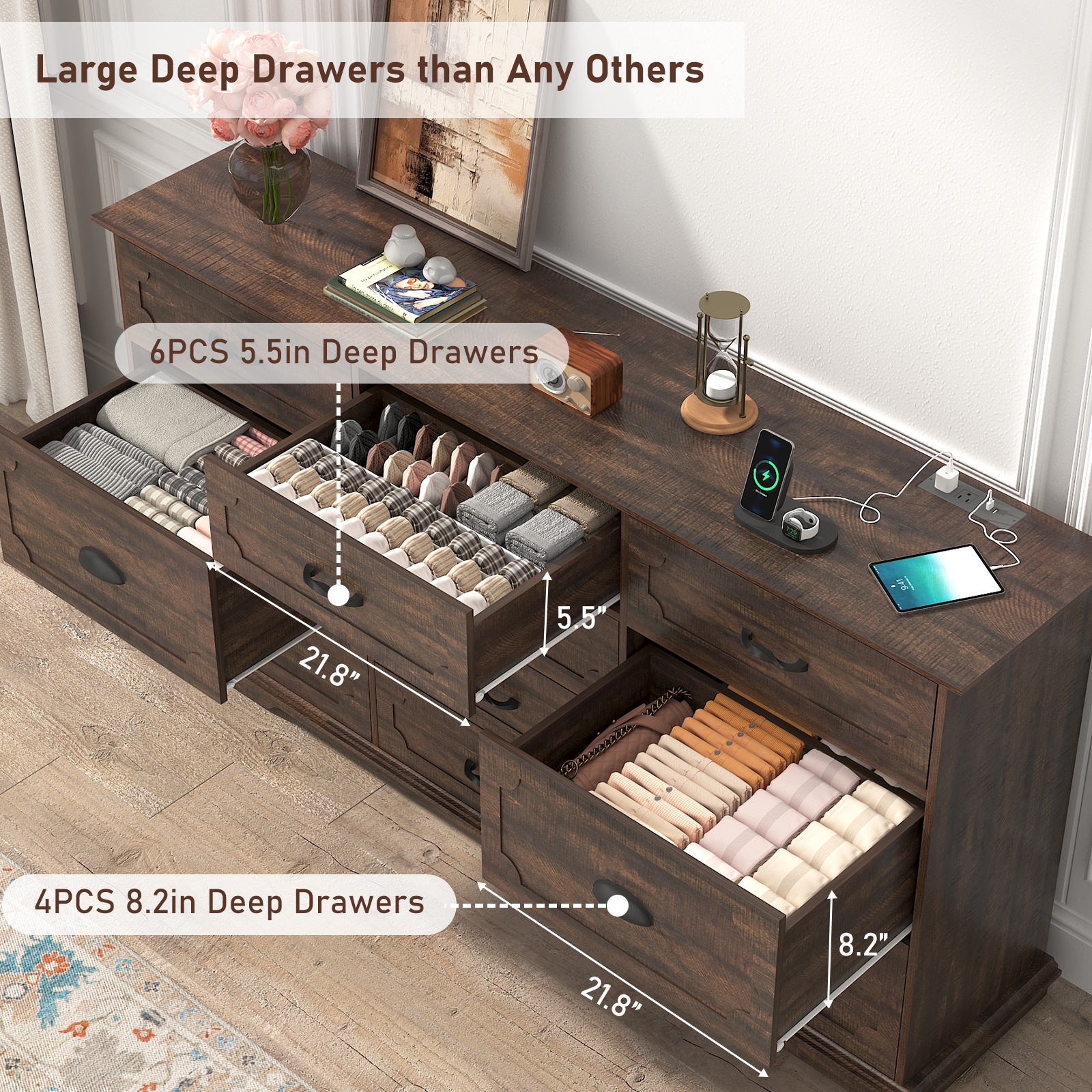 Blotout 70" Large Long Dresser, Luxury 10 Drawer Dresser with Deep Big Drawers, Dressers TV Stand with Charging Station, Wooden Chest of Drawers Brown Dresser for Bedroom