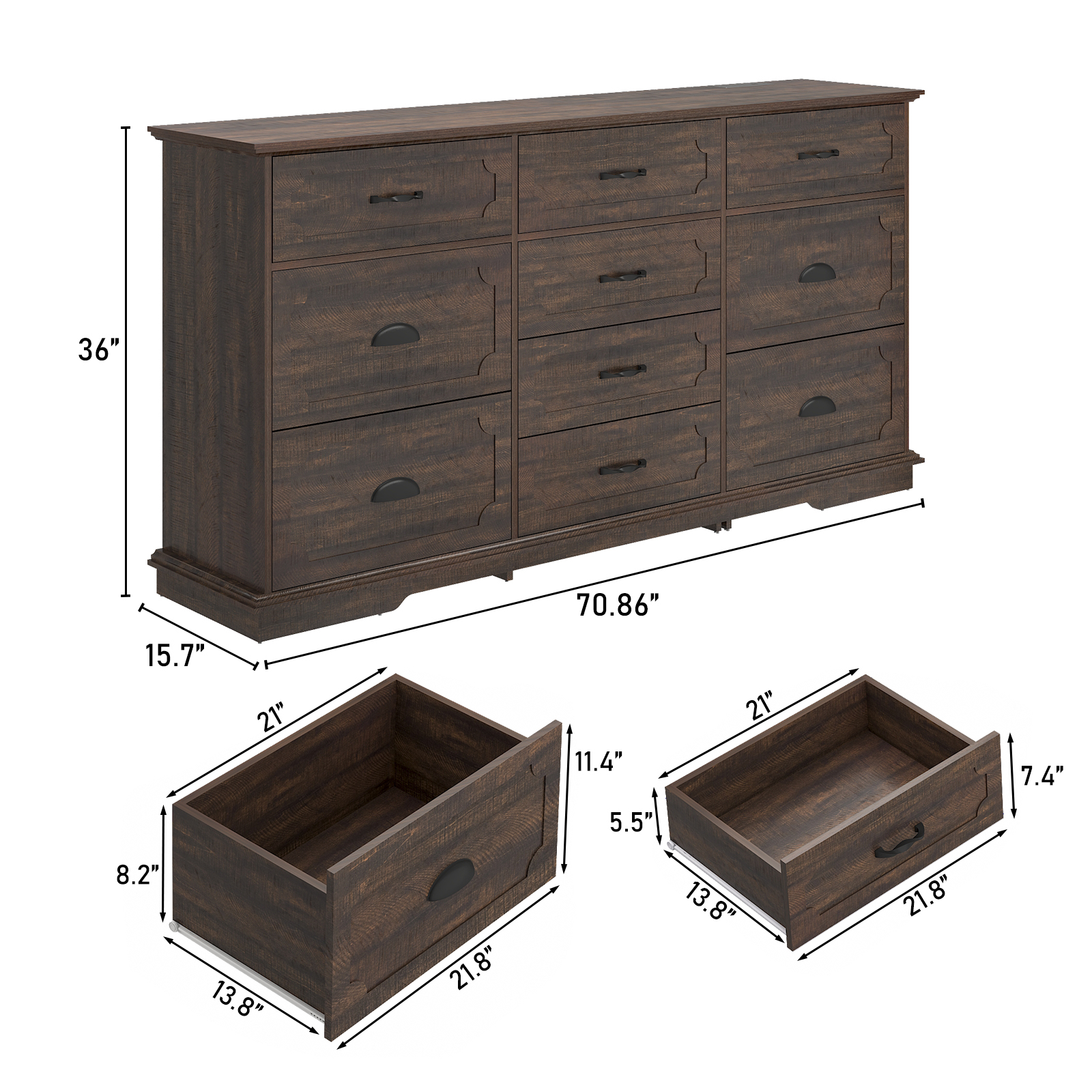 Blotout 70" Large Long Dresser, Luxury 10 Drawer Dresser with Deep Big Drawers, Dressers TV Stand with Charging Station, Wooden Chest of Drawers Brown Dresser for Bedroom