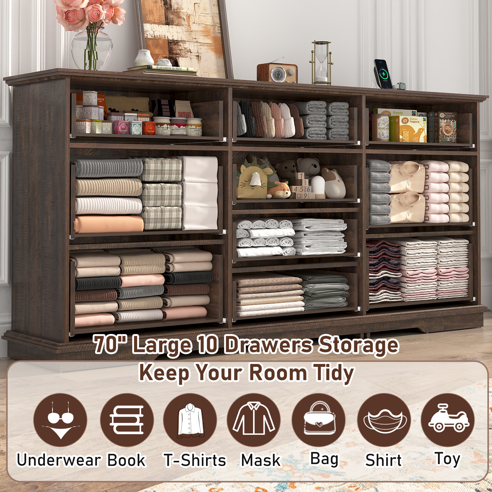 Blotout 70" Large Long Dresser, Luxury 10 Drawer Dresser with Deep Big Drawers, Dressers TV Stand with Charging Station, Wooden Chest of Drawers Brown Dresser for Bedroom
