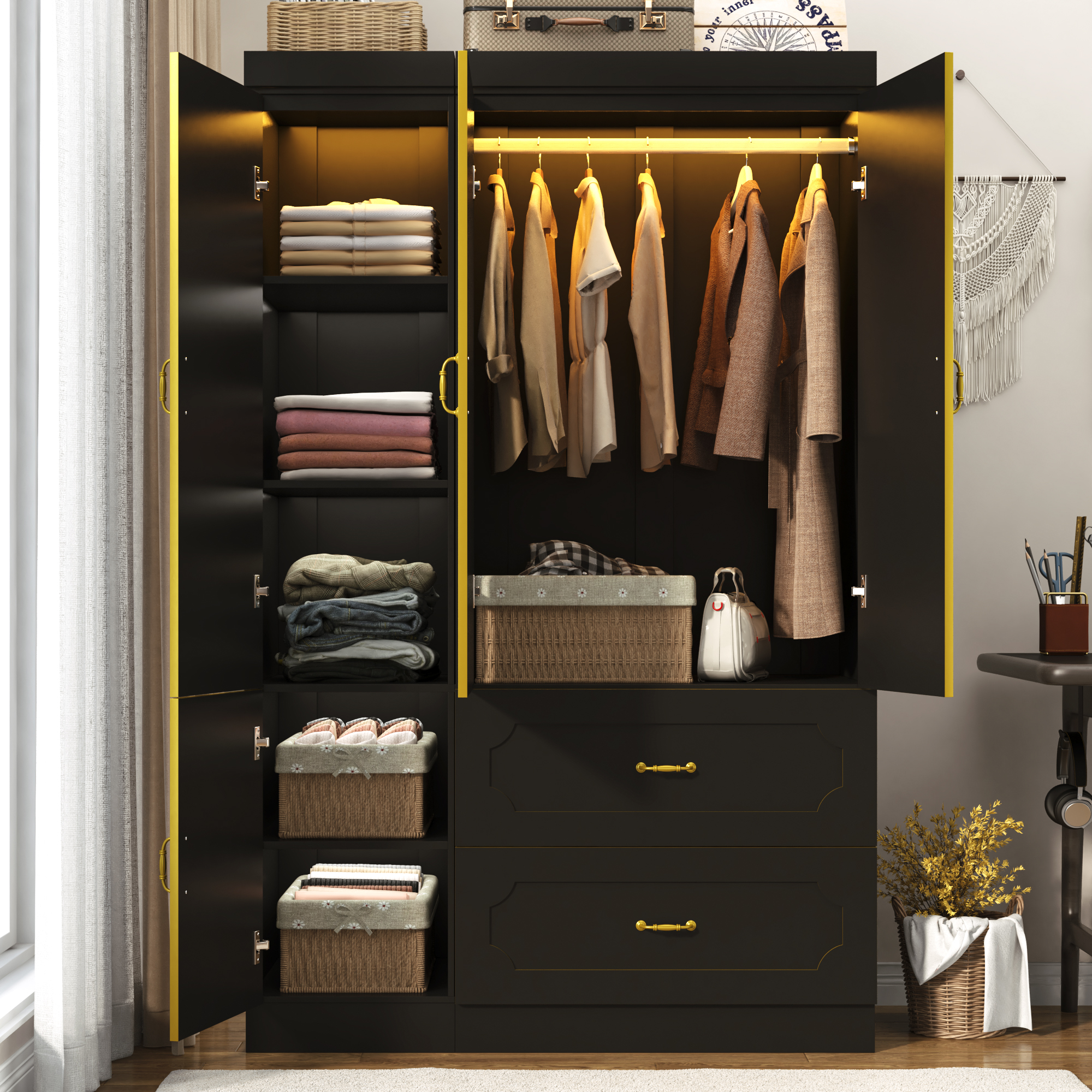 Blotout 75"H 3 Doors Armoire Wardrobe Closet with Mirror and LED Lights, LED Clothing Storage Cabinet with Hanging Rod and Drawers, Modern Wooden Wardrobe Cabinet for Bedroom