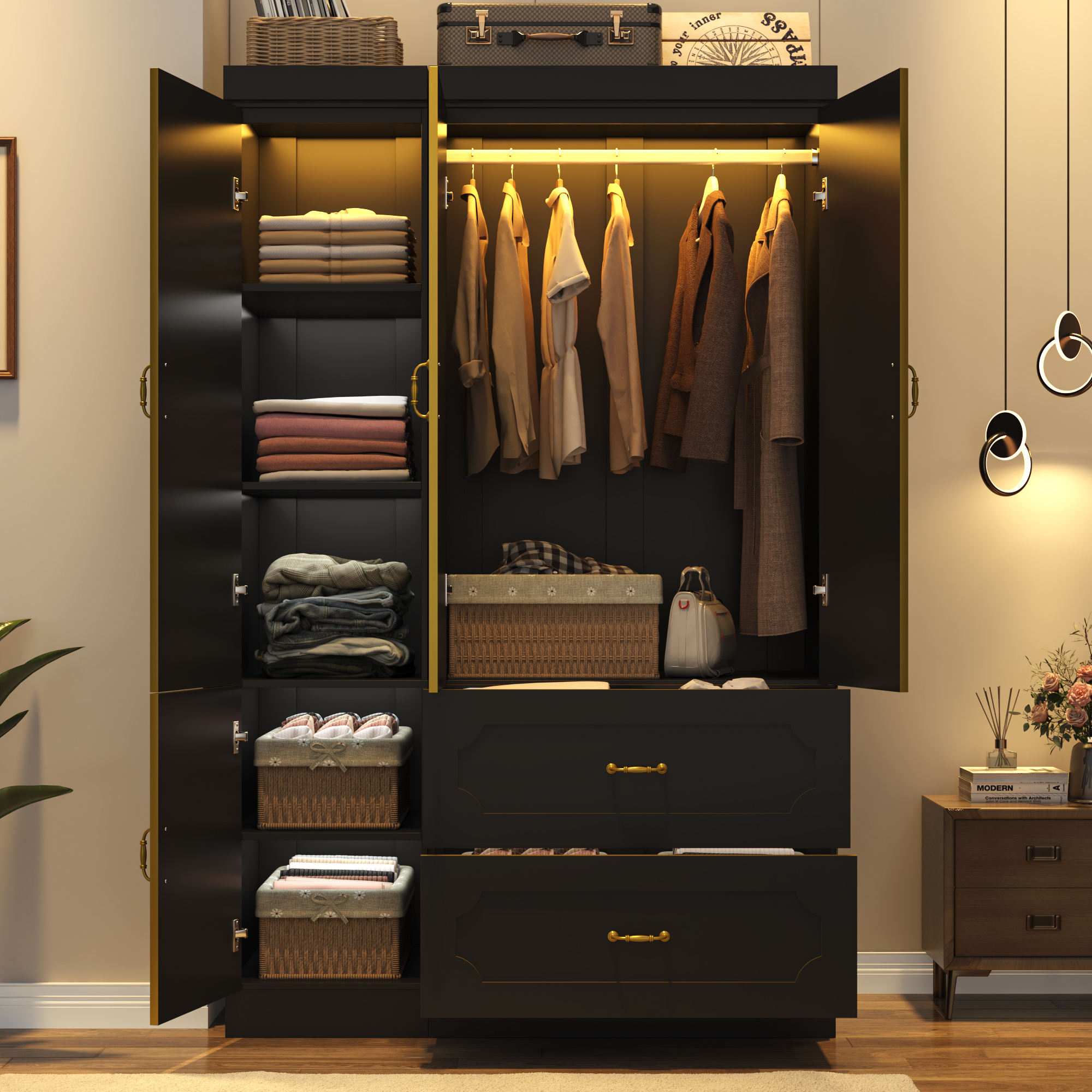 Blotout 75"H 3 Doors Armoire Wardrobe Closet with Mirror and LED Lights, LED Clothing Storage Cabinet with Hanging Rod and Drawers, Modern Wooden Wardrobe Cabinet for Bedroom