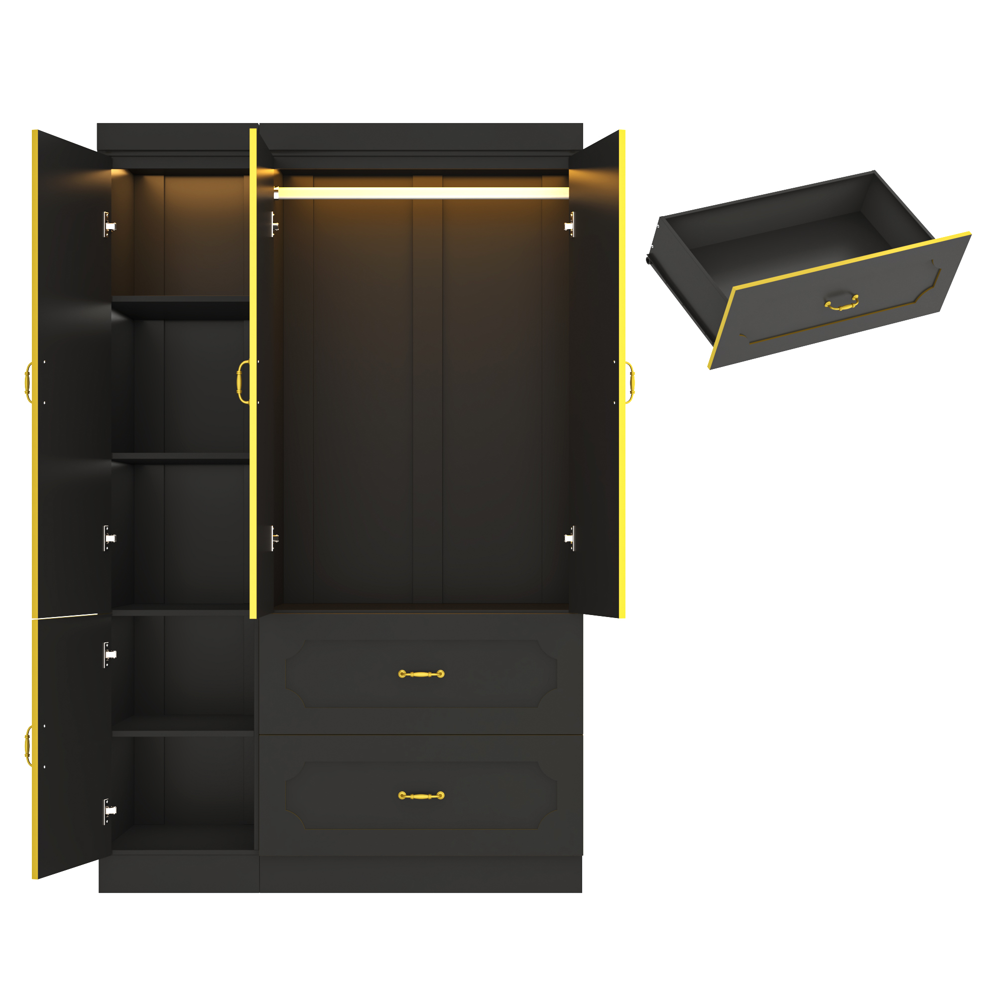 Blotout 75"H 3 Doors Armoire Wardrobe Closet with Mirror and LED Lights, LED Clothing Storage Cabinet with Hanging Rod and Drawers, Modern Wooden Wardrobe Cabinet for Bedroom