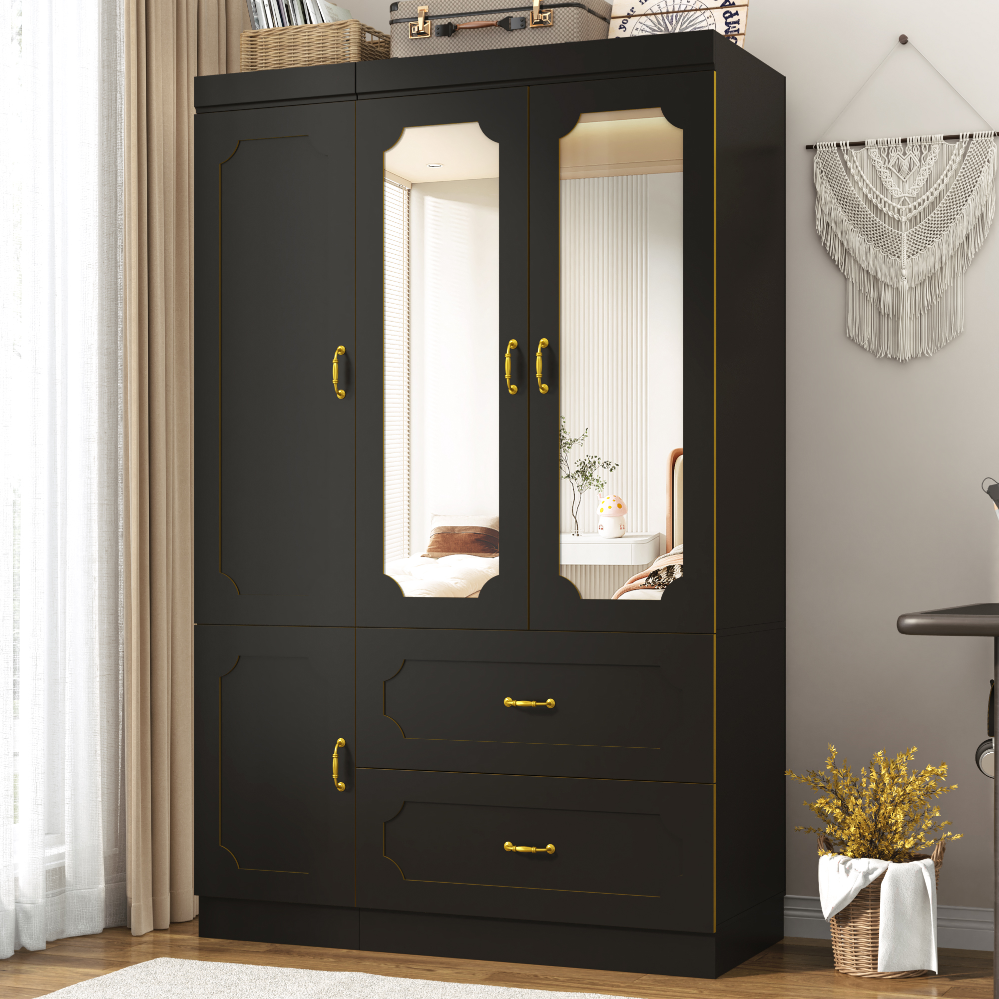 Blotout 75"H 3 Doors Armoire Wardrobe Closet with Mirror and LED Lights, LED Clothing Storage Cabinet with Hanging Rod and Drawers, Modern Wooden Wardrobe Cabinet for Bedroom