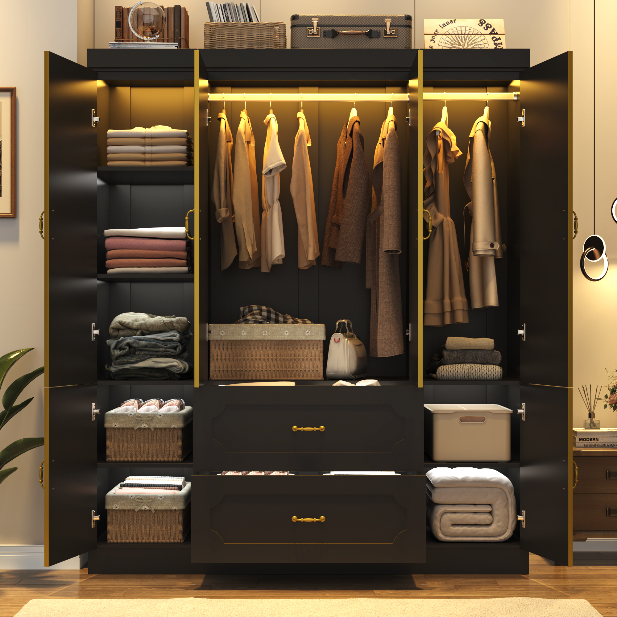 Blotout 75"H Armoire Wardrobe Closet with Mirror and LED Lights, LED Clothing Storage Cabinet with Hanging Rod and Drawers, 4 Door Wooden Wardrobe Cabinet for Bedroom