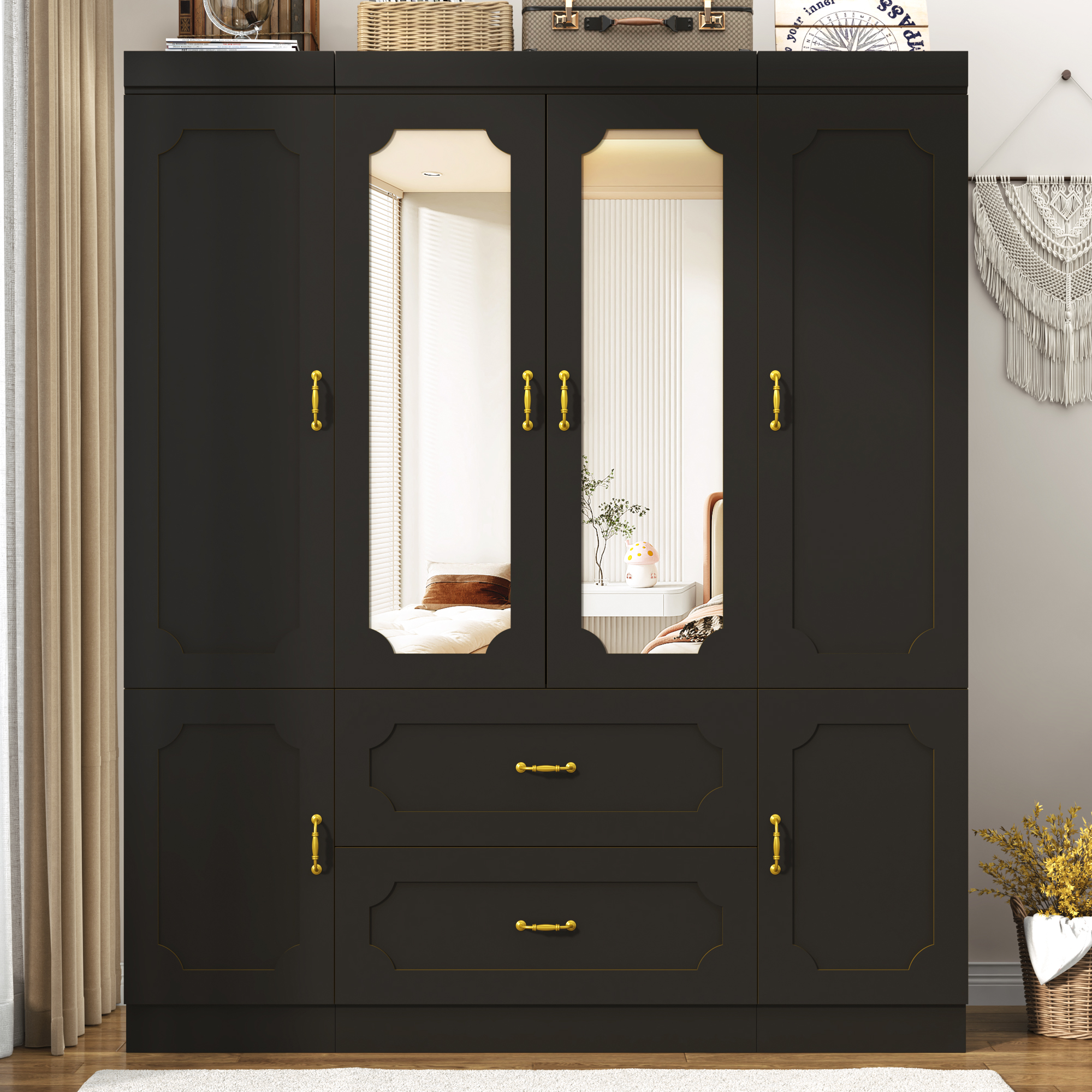 Blotout 75"H Armoire Wardrobe Closet with Mirror and LED Lights, LED Clothing Storage Cabinet with Hanging Rod and Drawers, 4 Door Wooden Wardrobe Cabinet for Bedroom