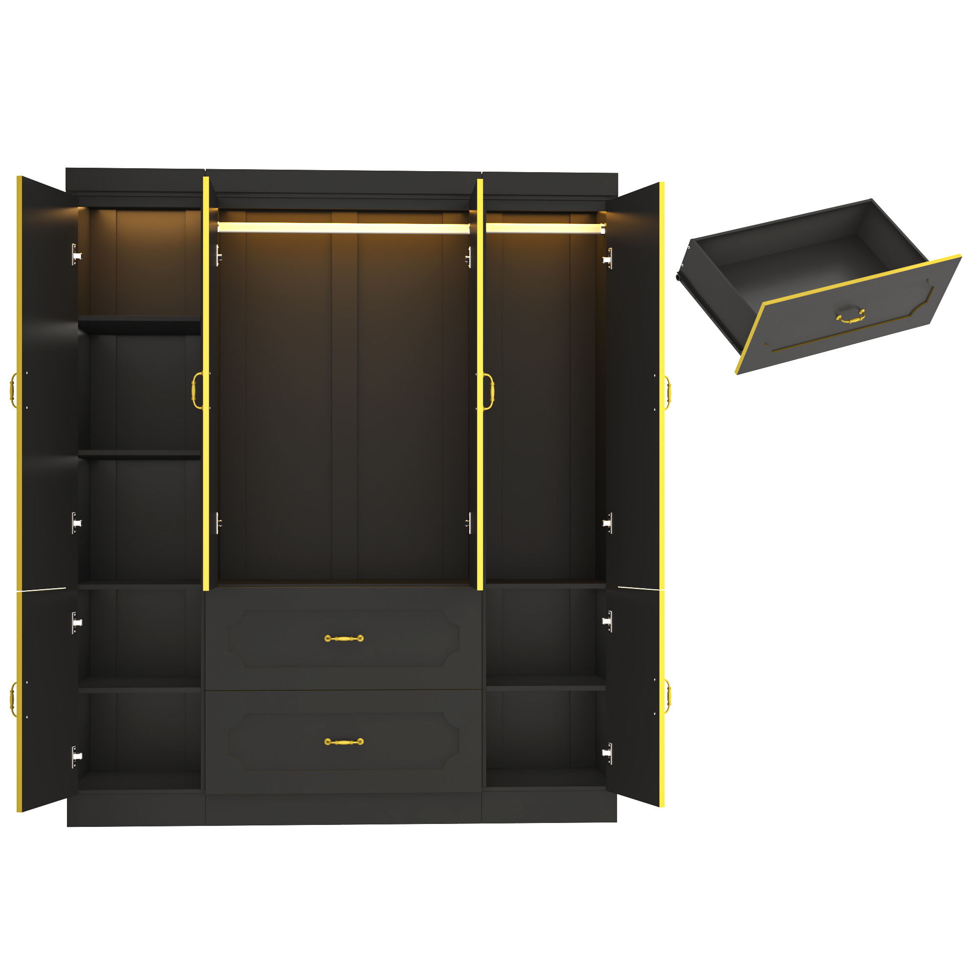 Blotout 75"H Armoire Wardrobe Closet with Mirror and LED Lights, LED Clothing Storage Cabinet with Hanging Rod and Drawers, 4 Door Wooden Wardrobe Cabinet for Bedroom