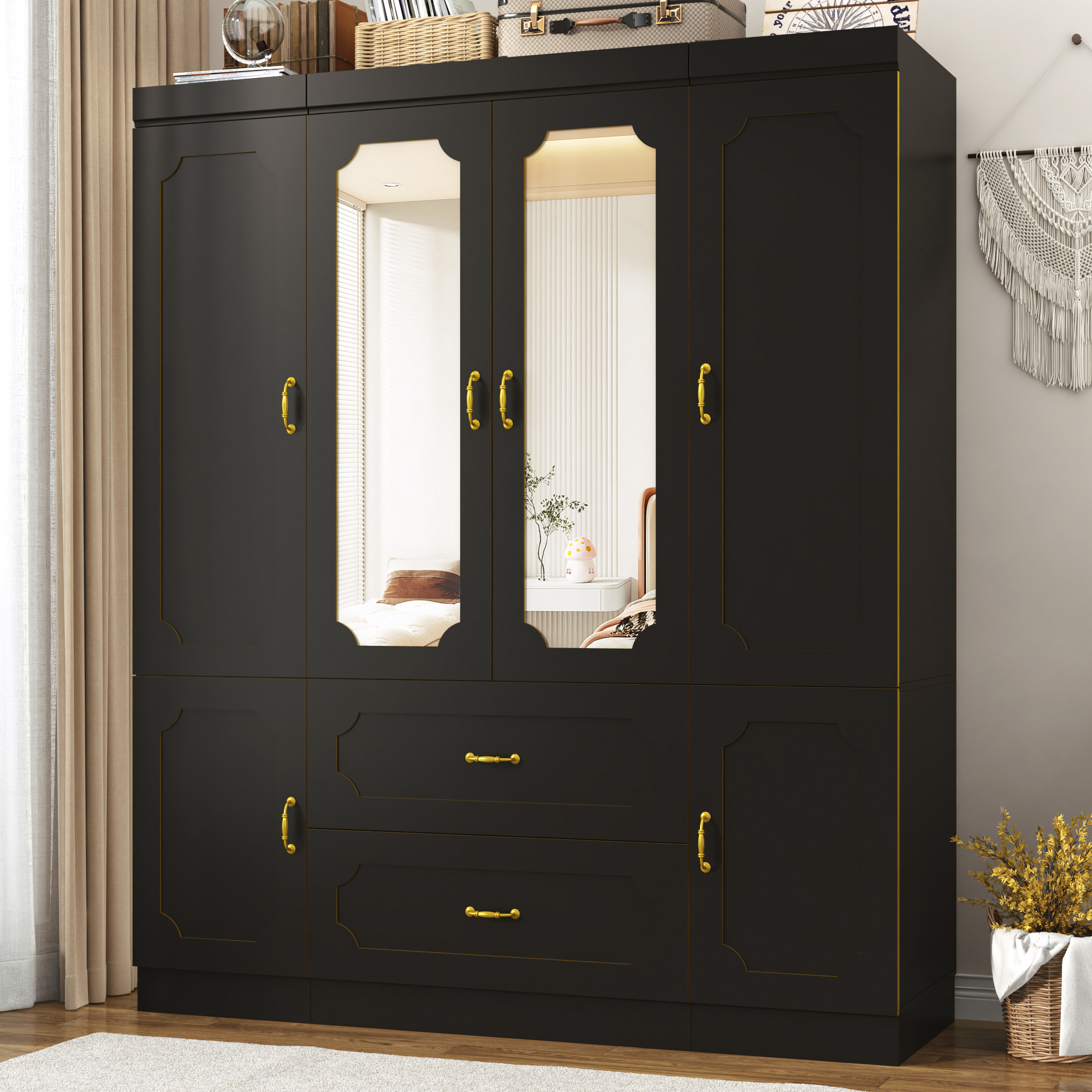 Blotout 75"H Armoire Wardrobe Closet with Mirror and LED Lights, LED Clothing Storage Cabinet with Hanging Rod and Drawers, 4 Door Wooden Wardrobe Cabinet for Bedroom