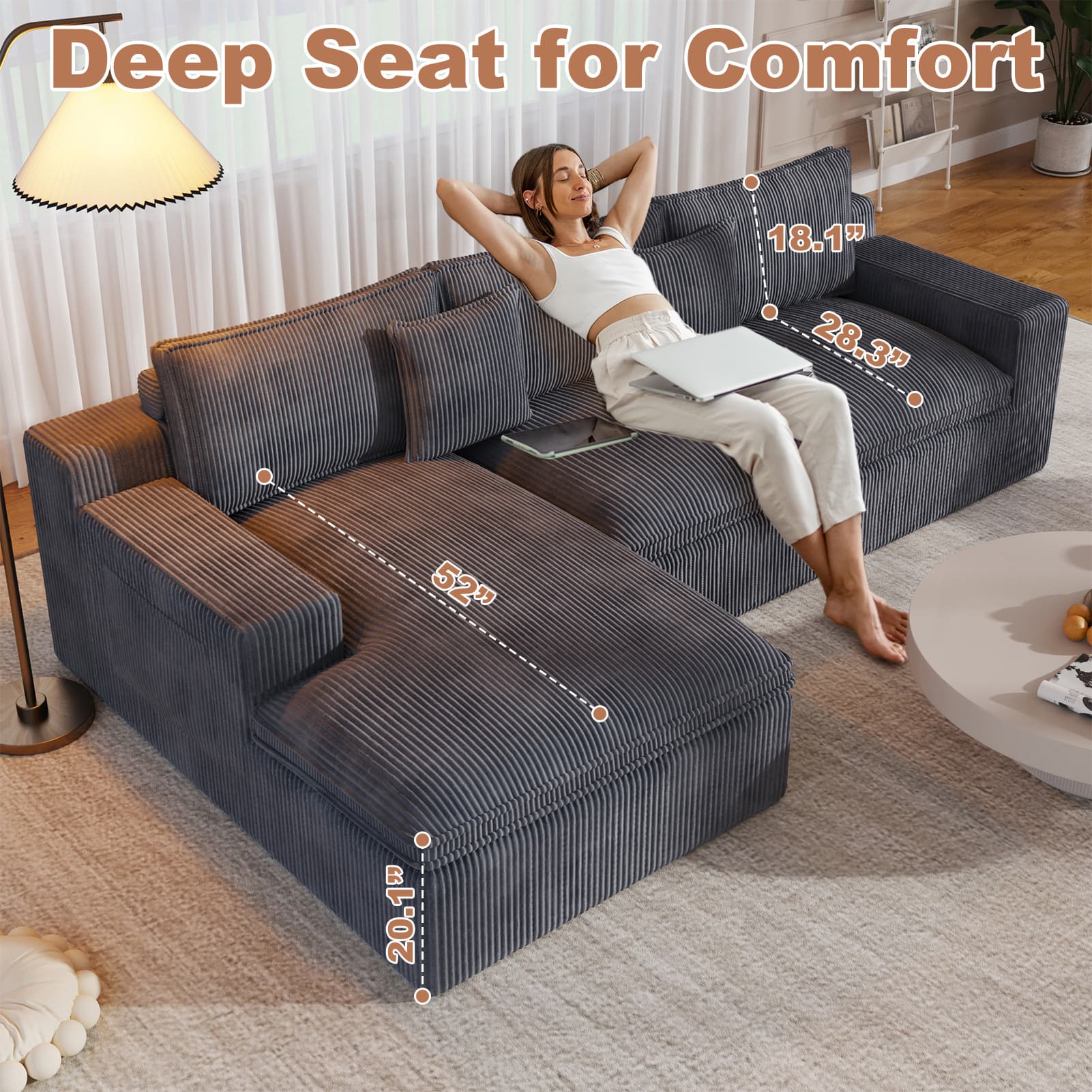 108” Modular Sectional Sofa, Cloud Sectional Couch with Deep Seat