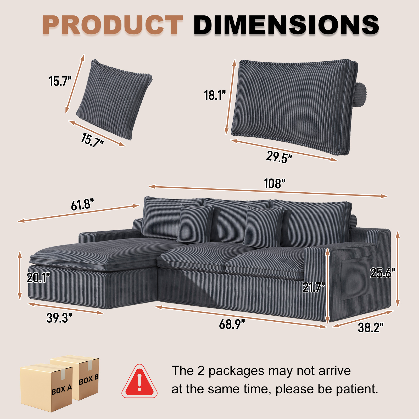 108” Modular Sectional Sofa, Cloud Sectional Couch with Deep Seat