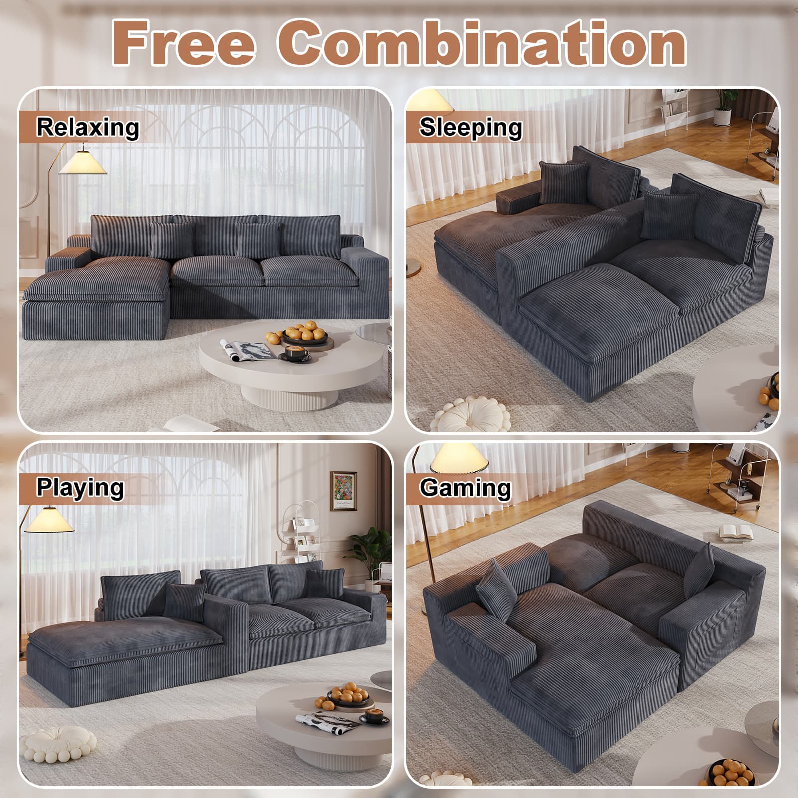 108” Modular Sectional Sofa, Cloud Sectional Couch with Deep Seat