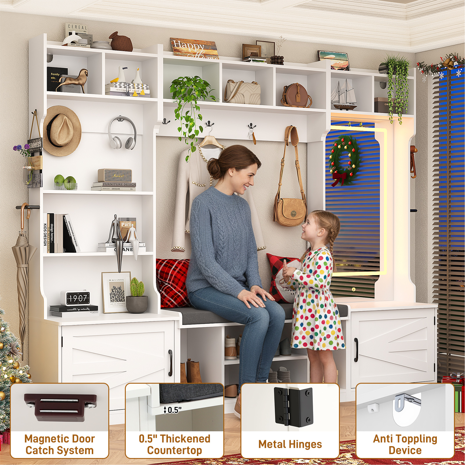 86.6'' Wide LED Farmhouse Hall Tree with Bench and Shoe Storage, Entryway Bench with Coat Rack, 3-Color LED Mirror, Shoe Shelves & Umbrella Holder, Extra-Large Mudroom/Hallway Storage