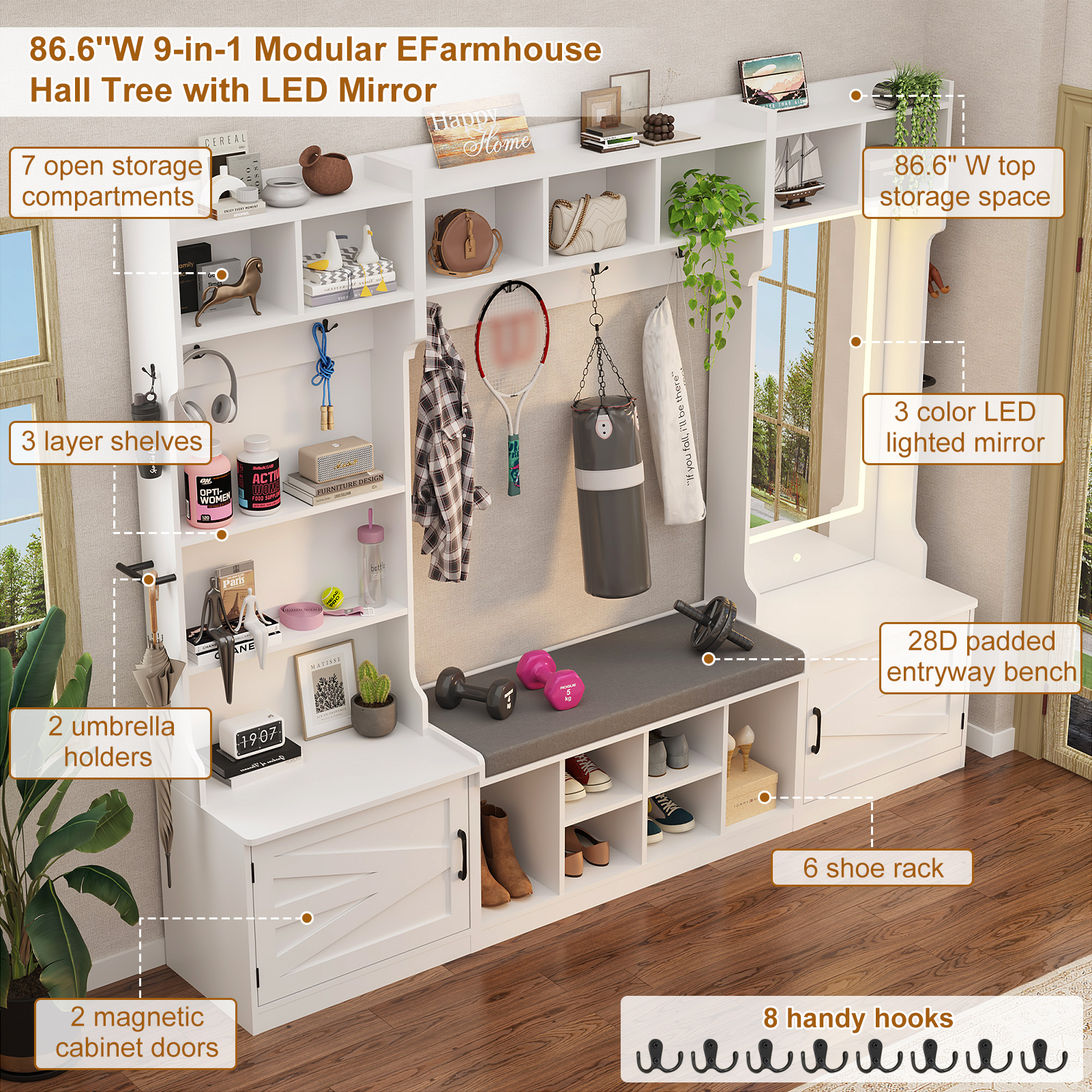 86.6'' Wide LED Farmhouse Hall Tree with Bench and Shoe Storage, Entryway Bench with Coat Rack, 3-Color LED Mirror, Shoe Shelves & Umbrella Holder, Extra-Large Mudroom/Hallway Storage