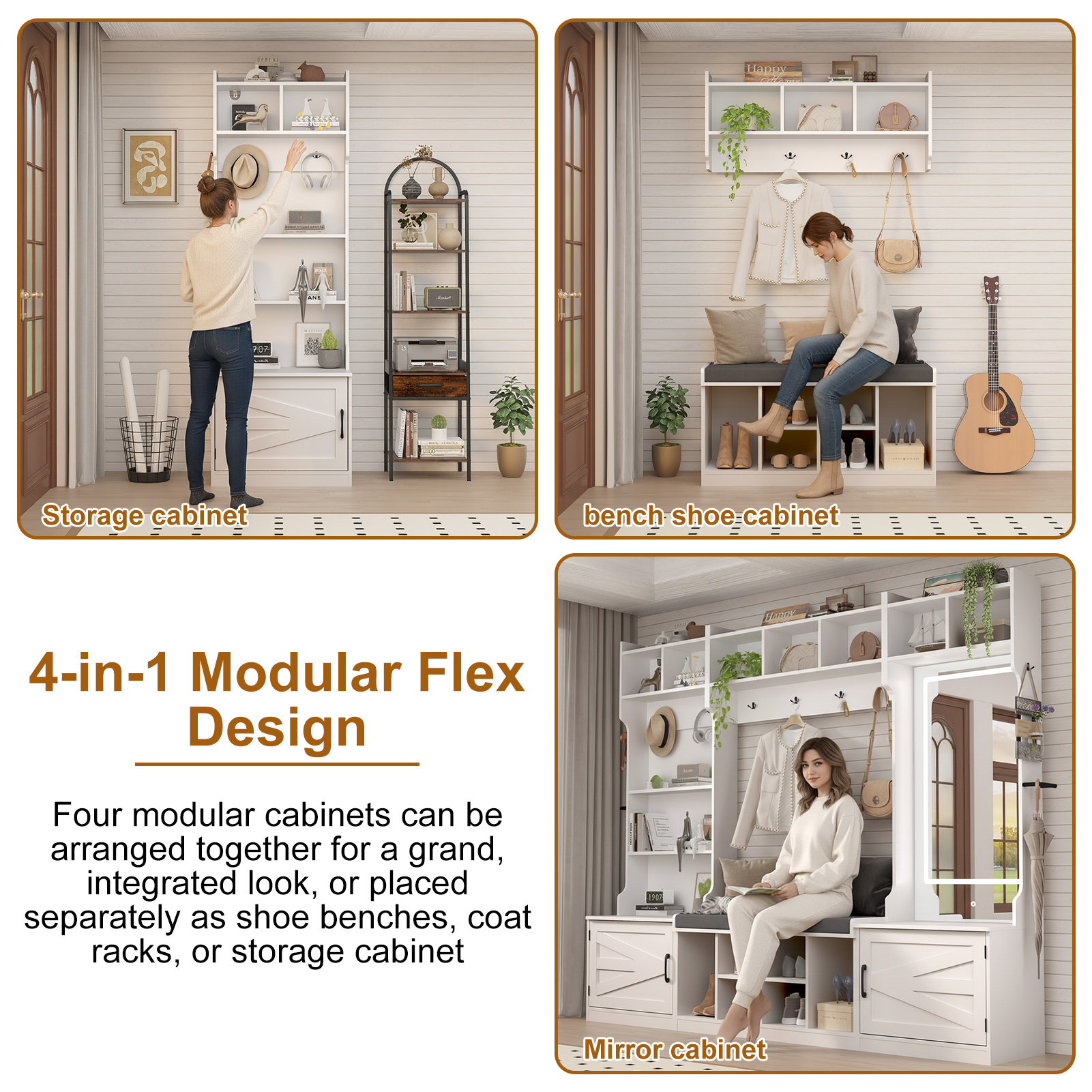 86.6'' Wide LED Farmhouse Hall Tree with Bench and Shoe Storage, Entryway Bench with Coat Rack, 3-Color LED Mirror, Shoe Shelves & Umbrella Holder, Extra-Large Mudroom/Hallway Storage