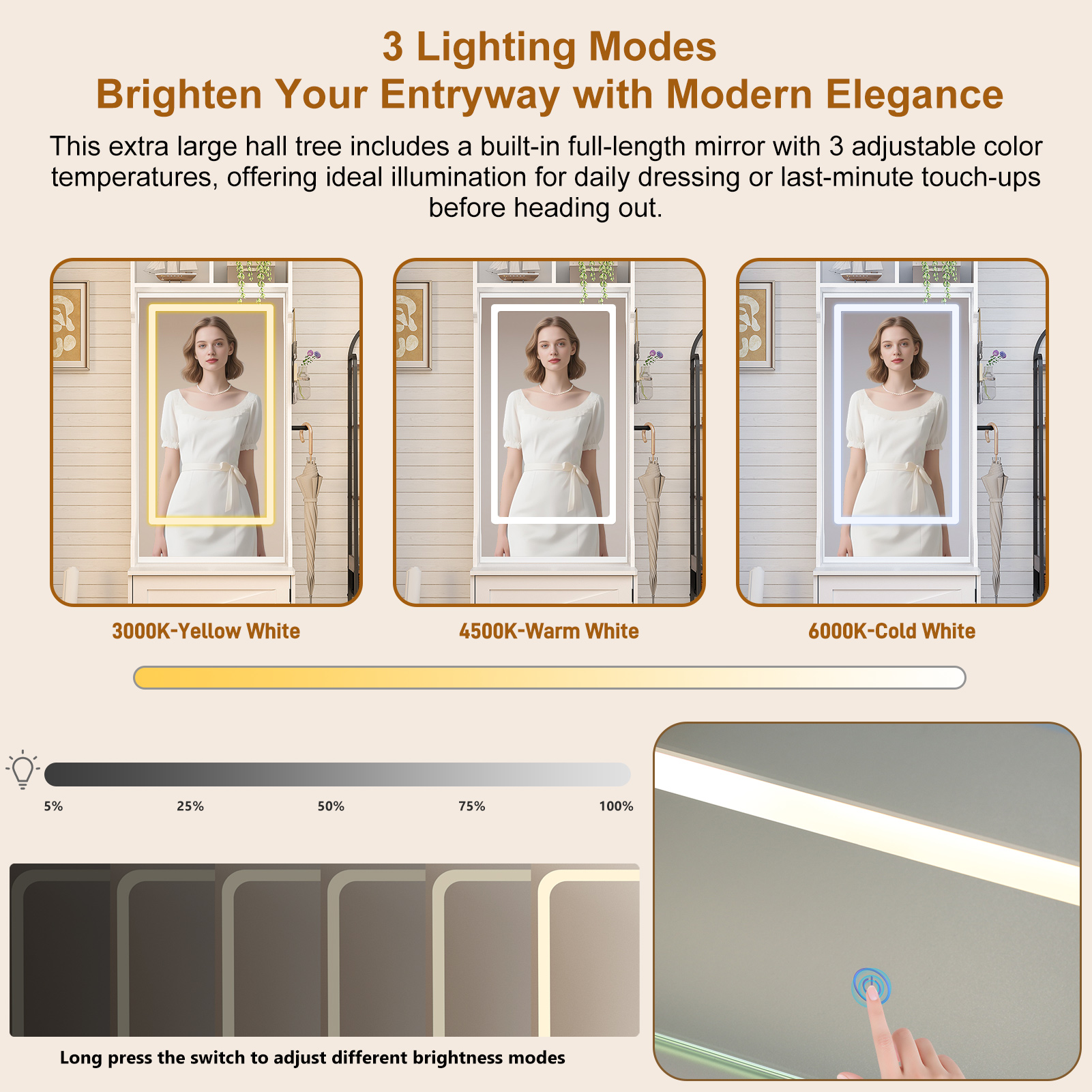 86.6'' Wide LED Farmhouse Hall Tree with Bench and Shoe Storage, Entryway Bench with Coat Rack, 3-Color LED Mirror, Shoe Shelves & Umbrella Holder, Extra-Large Mudroom/Hallway Storage