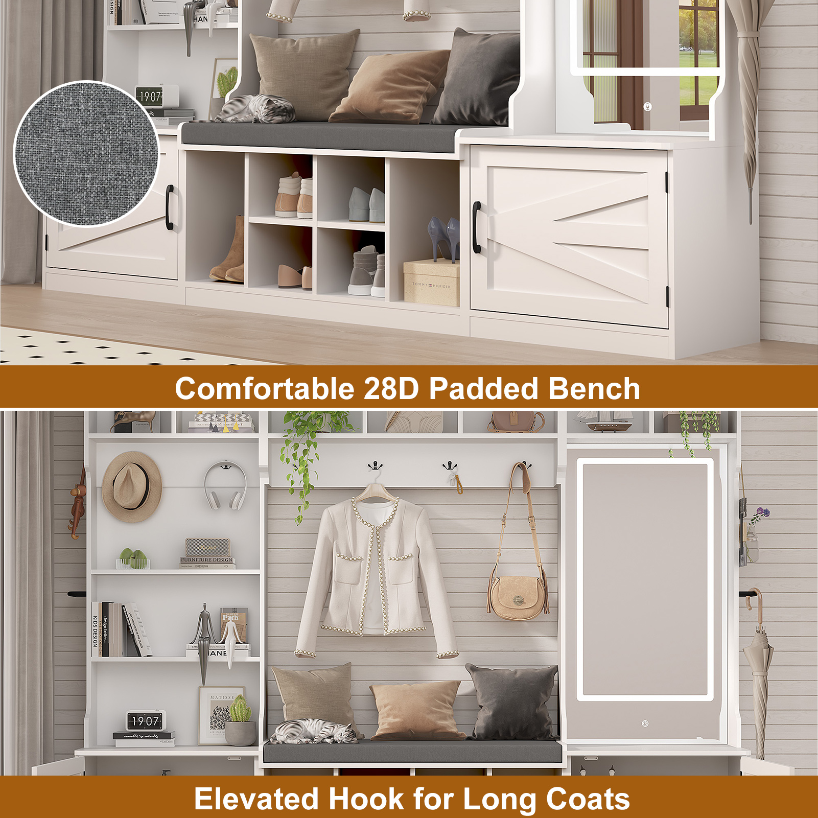 86.6'' Wide LED Farmhouse Hall Tree with Bench and Shoe Storage, Entryway Bench with Coat Rack, 3-Color LED Mirror, Shoe Shelves & Umbrella Holder, Extra-Large Mudroom/Hallway Storage