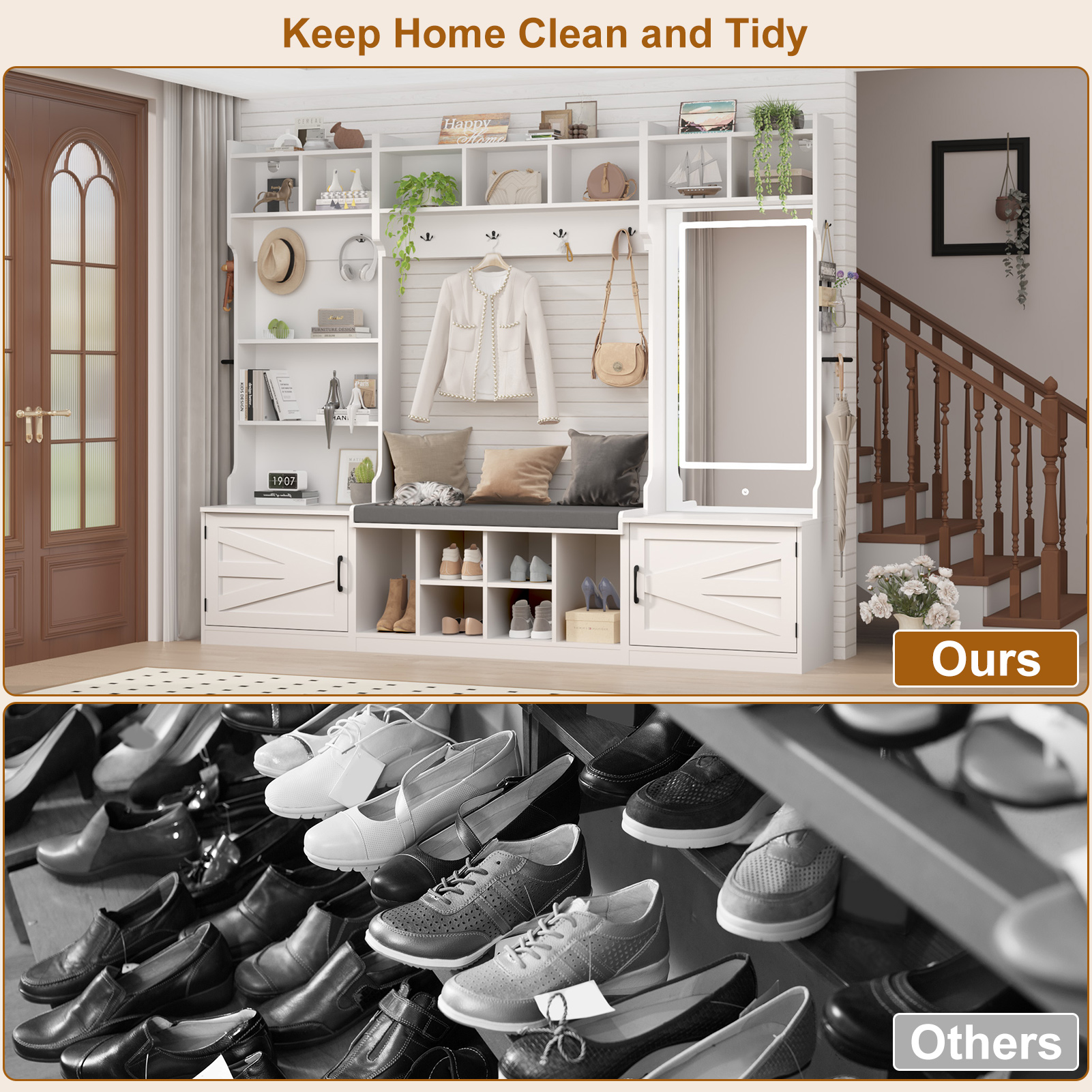 86.6'' Wide LED Farmhouse Hall Tree with Bench and Shoe Storage, Entryway Bench with Coat Rack, 3-Color LED Mirror, Shoe Shelves & Umbrella Holder, Extra-Large Mudroom/Hallway Storage