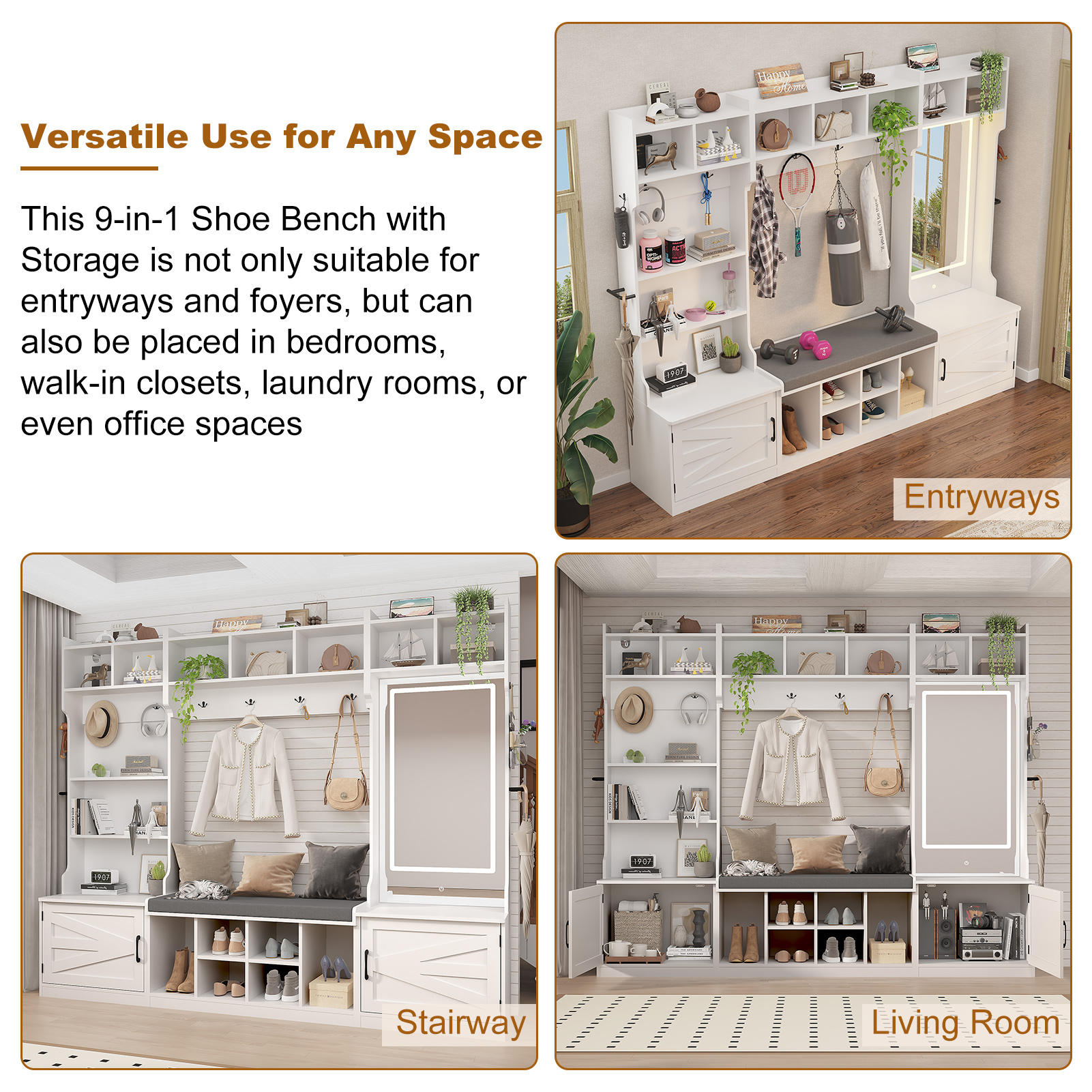 86.6'' Wide LED Farmhouse Hall Tree with Bench and Shoe Storage, Entryway Bench with Coat Rack, 3-Color LED Mirror, Shoe Shelves & Umbrella Holder, Extra-Large Mudroom/Hallway Storage