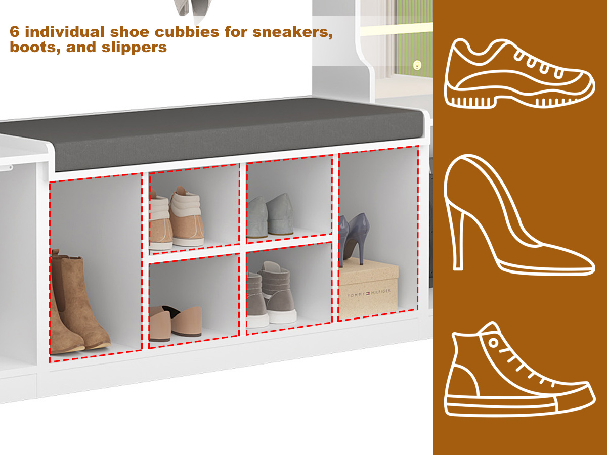 86.6'' Wide LED Farmhouse Hall Tree with Bench and Shoe Storage, Entryway Bench with Coat Rack, 3-Color LED Mirror, Shoe Shelves & Umbrella Holder, Extra-Large Mudroom/Hallway Storage