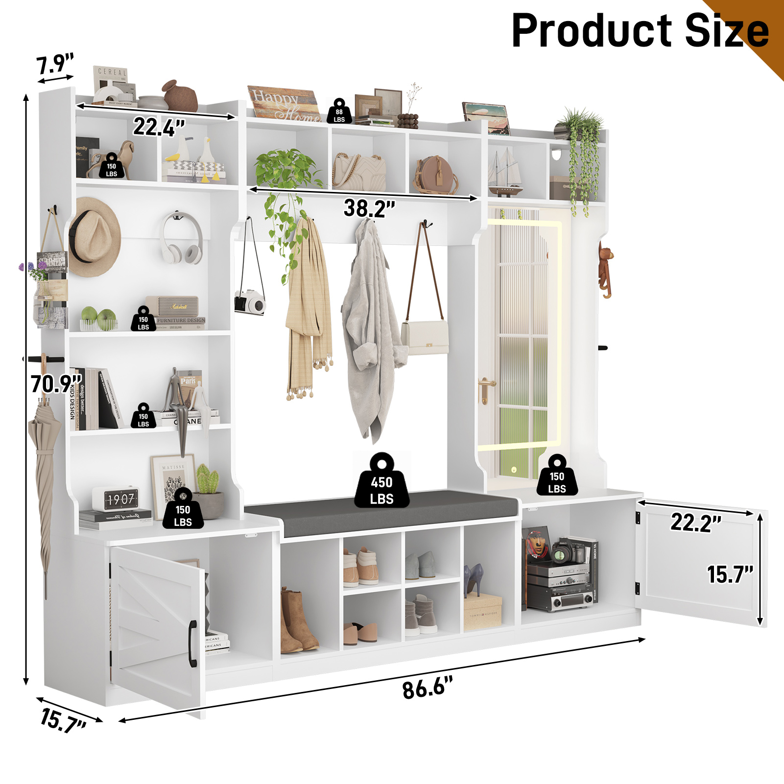 86.6'' Wide LED Farmhouse Hall Tree with Bench and Shoe Storage, Entryway Bench with Coat Rack, 3-Color LED Mirror, Shoe Shelves & Umbrella Holder, Extra-Large Mudroom/Hallway Storage