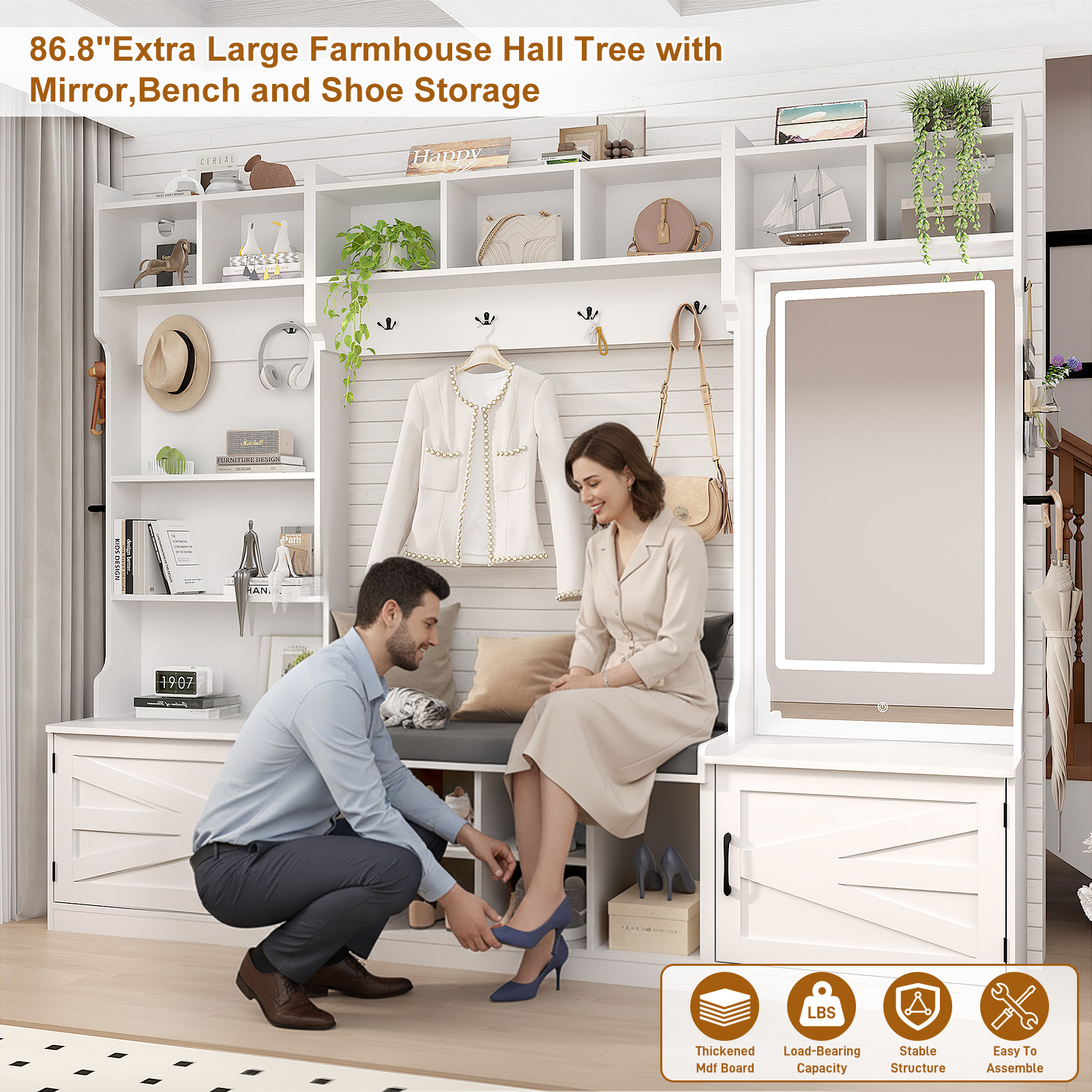 86.6'' Wide LED Farmhouse Hall Tree with Bench and Shoe Storage, Entryway Bench with Coat Rack, 3-Color LED Mirror, Shoe Shelves & Umbrella Holder, Extra-Large Mudroom/Hallway Storage