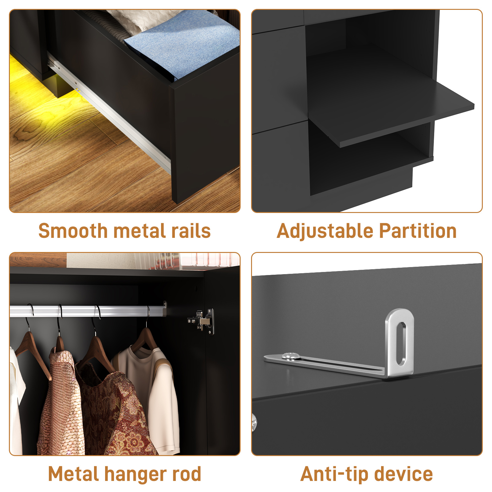 Blotout 3 Door Wardrobe Closet with Mirror & LED Lights, Bedroom Armoire with 2 Drawers and Multi-Layer Shelves , Modern Wooden Armoire Wardrobe Closet with Hanging Rod for Bedroom