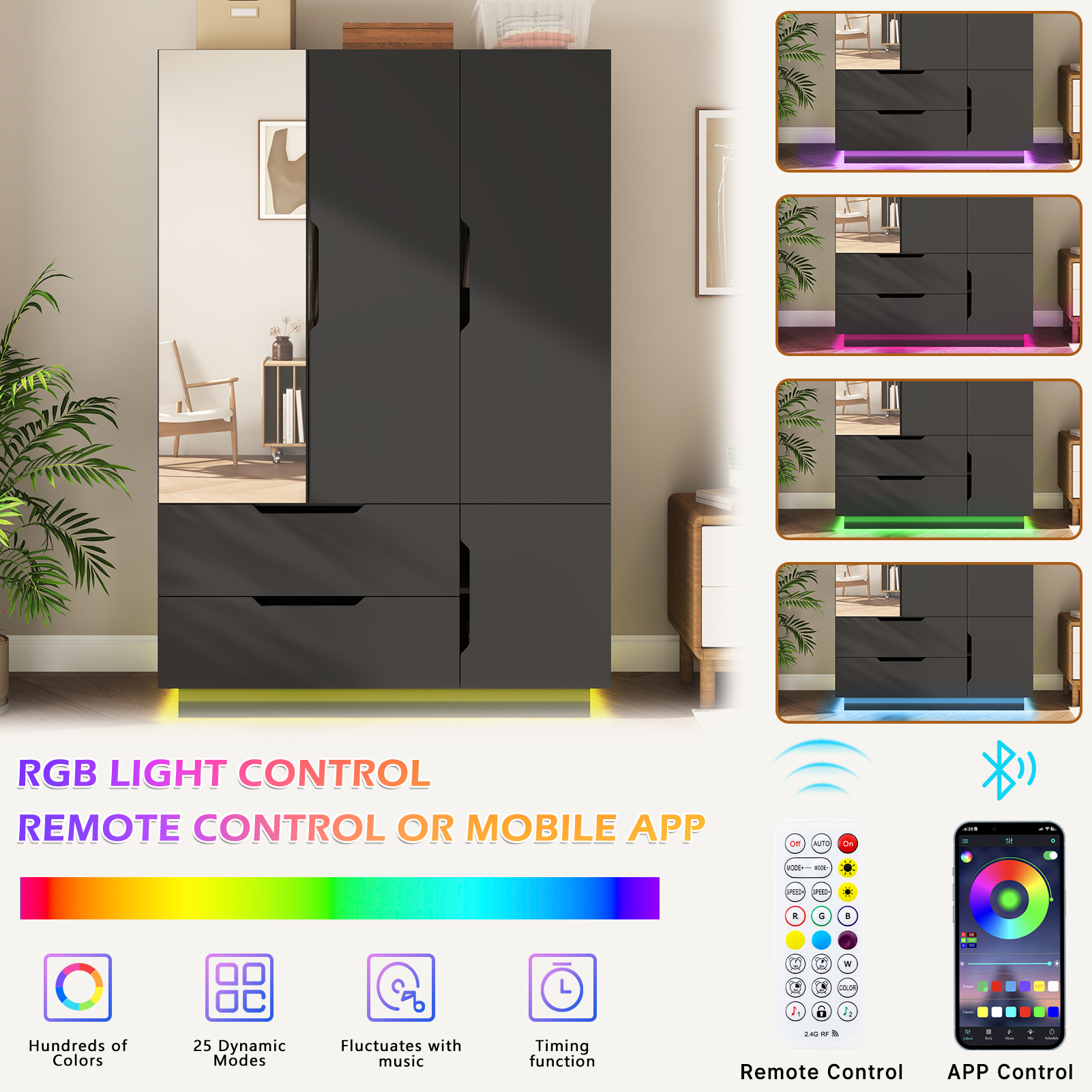 Blotout 3 Door Wardrobe Closet with Mirror & LED Lights, Bedroom Armoire with 2 Drawers and Multi-Layer Shelves , Modern Wooden Armoire Wardrobe Closet with Hanging Rod for Bedroom