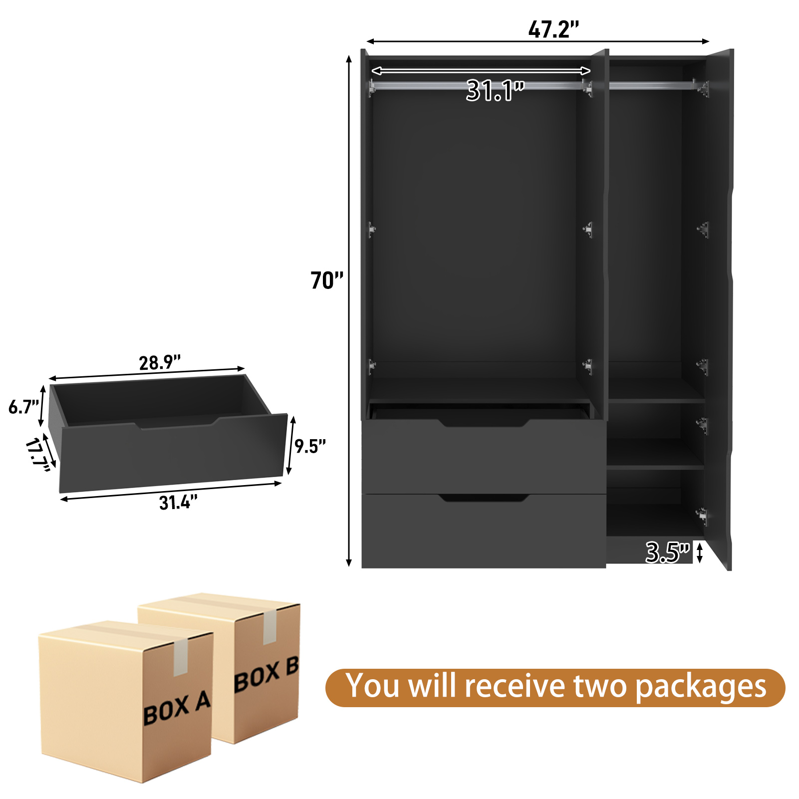 Blotout 3 Door Wardrobe Closet with Mirror & LED Lights, Bedroom Armoire with 2 Drawers and Multi-Layer Shelves , Modern Wooden Armoire Wardrobe Closet with Hanging Rod for Bedroom