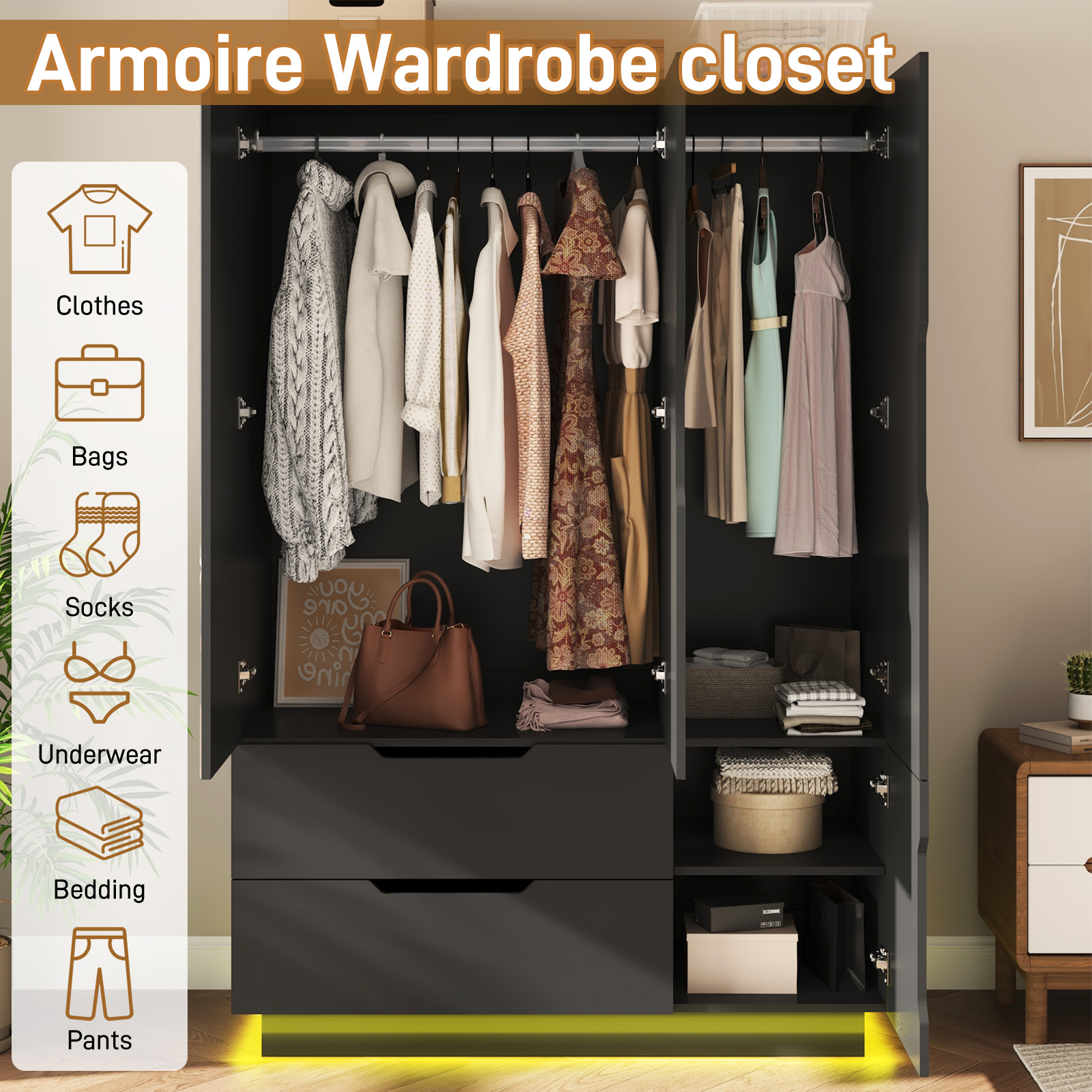 Blotout 3 Door Wardrobe Closet with Mirror & LED Lights, Bedroom Armoire with 2 Drawers and Multi-Layer Shelves , Modern Wooden Armoire Wardrobe Closet with Hanging Rod for Bedroom