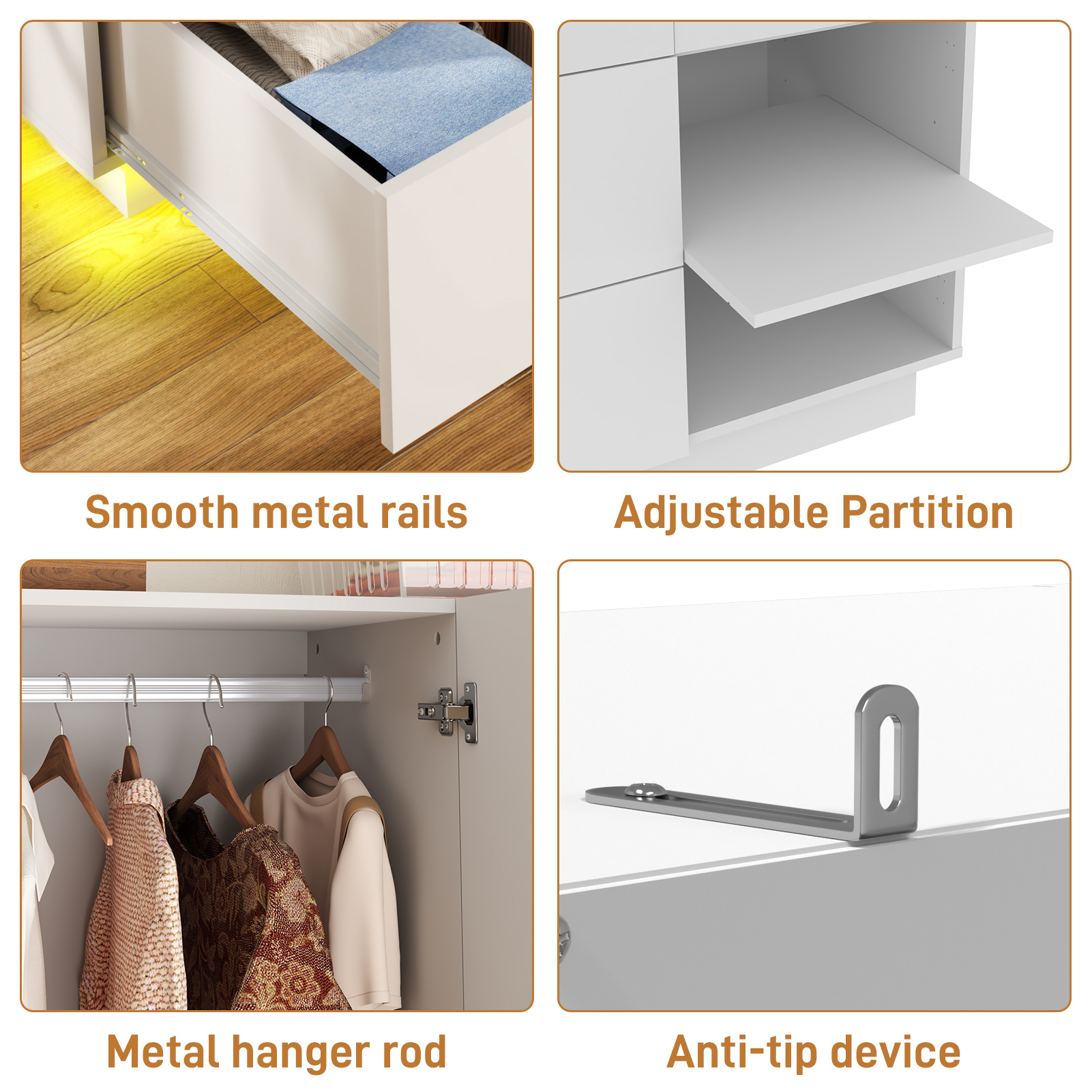 Blotout 3 Door Wardrobe Closet with Mirror & LED Lights, Bedroom Armoire with 2 Drawers and Multi-Layer Shelves , Modern Wooden Armoire Wardrobe Closet with Hanging Rod for Bedroom