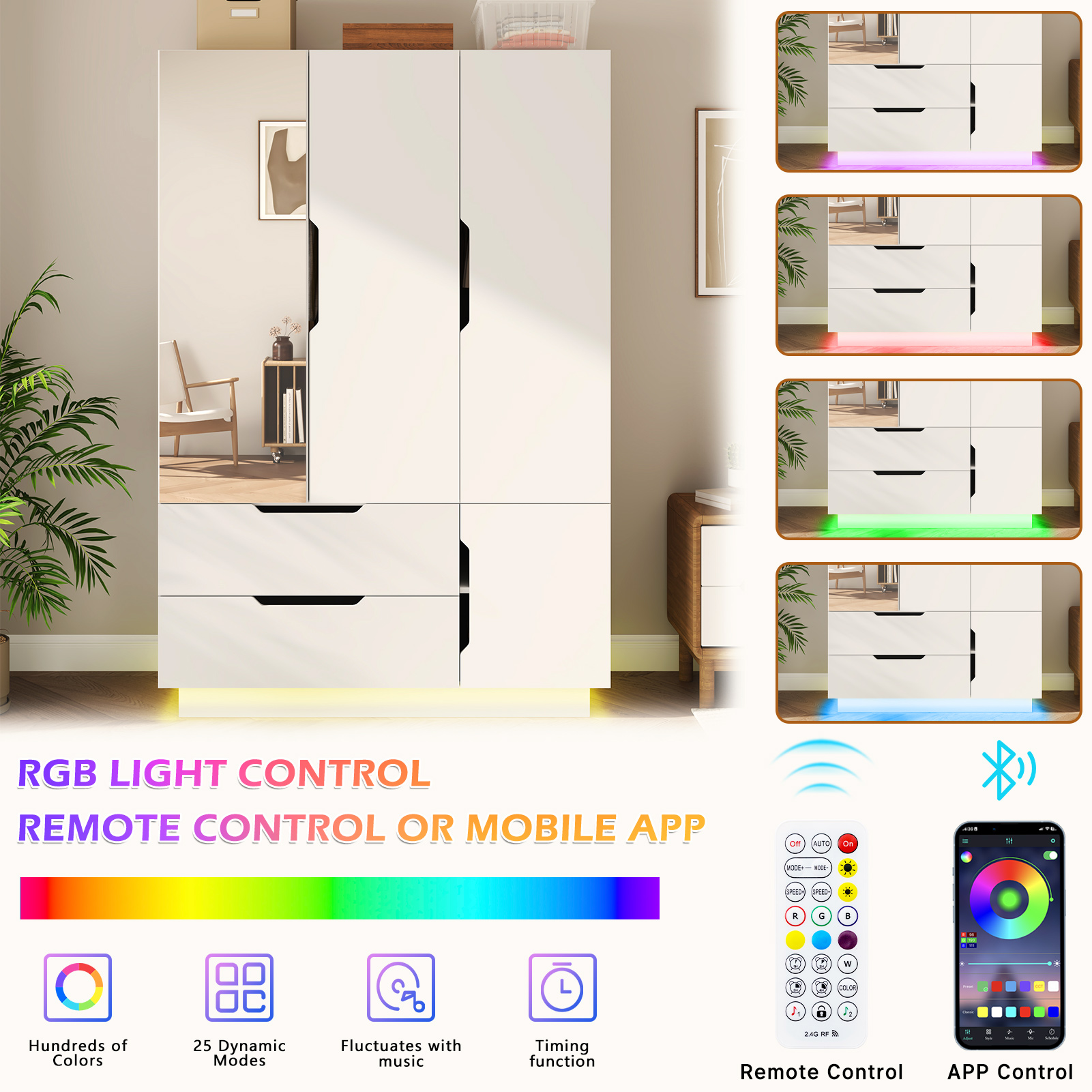 Blotout 3 Door Wardrobe Closet with Mirror & LED Lights, Bedroom Armoire with 2 Drawers and Multi-Layer Shelves , Modern Wooden Armoire Wardrobe Closet with Hanging Rod for Bedroom