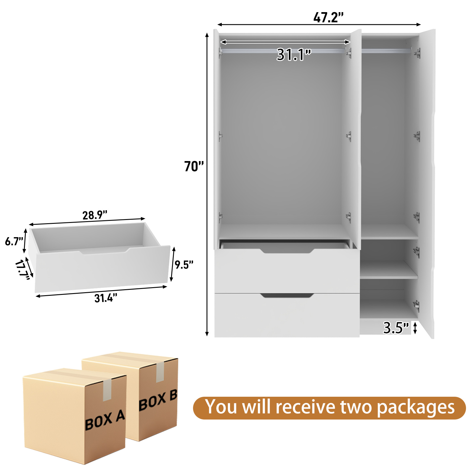 Blotout 3 Door Wardrobe Closet with Mirror & LED Lights, Bedroom Armoire with 2 Drawers and Multi-Layer Shelves , Modern Wooden Armoire Wardrobe Closet with Hanging Rod for Bedroom