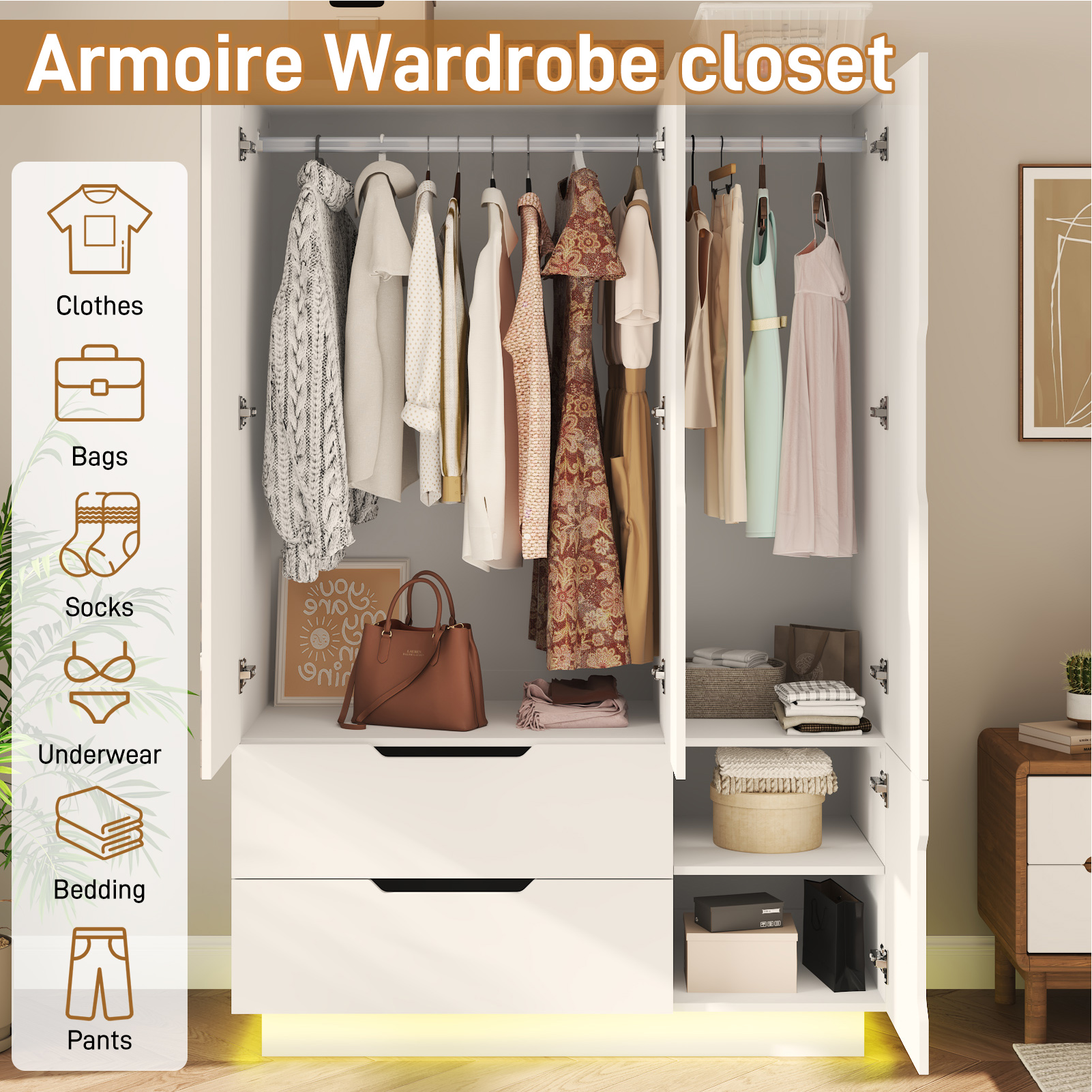 Blotout 3 Door Wardrobe Closet with Mirror & LED Lights, Bedroom Armoire with 2 Drawers and Multi-Layer Shelves , Modern Wooden Armoire Wardrobe Closet with Hanging Rod for Bedroom