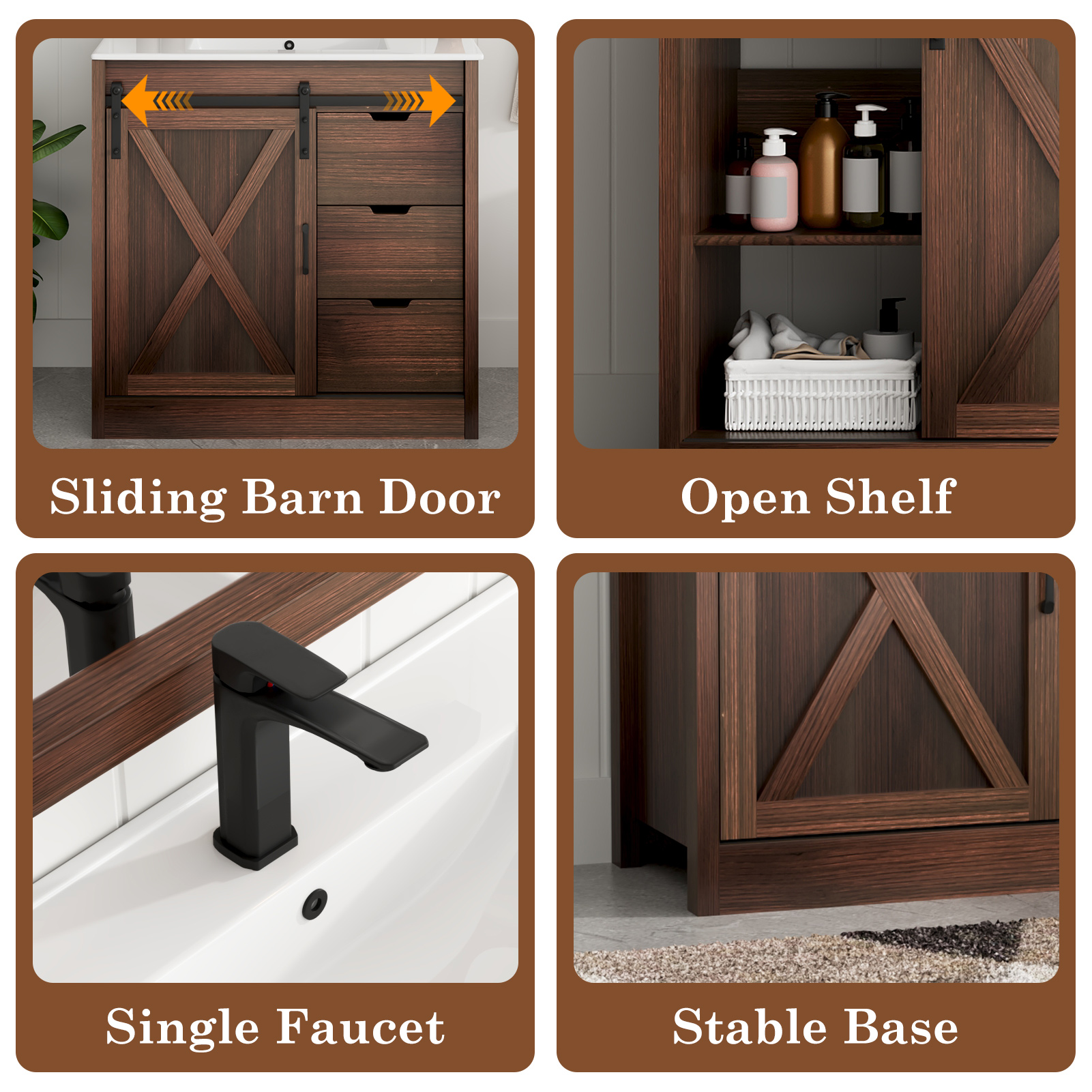 Blotout 36" Bathroom Vanity with Sink & Faucet & Mirror, Farmhouse Bathroom Vanity Cabinet Set with Sliding Barn Door & 3 Drawers, Freestanding Single Bath Storage Vanity Ceramic Sink