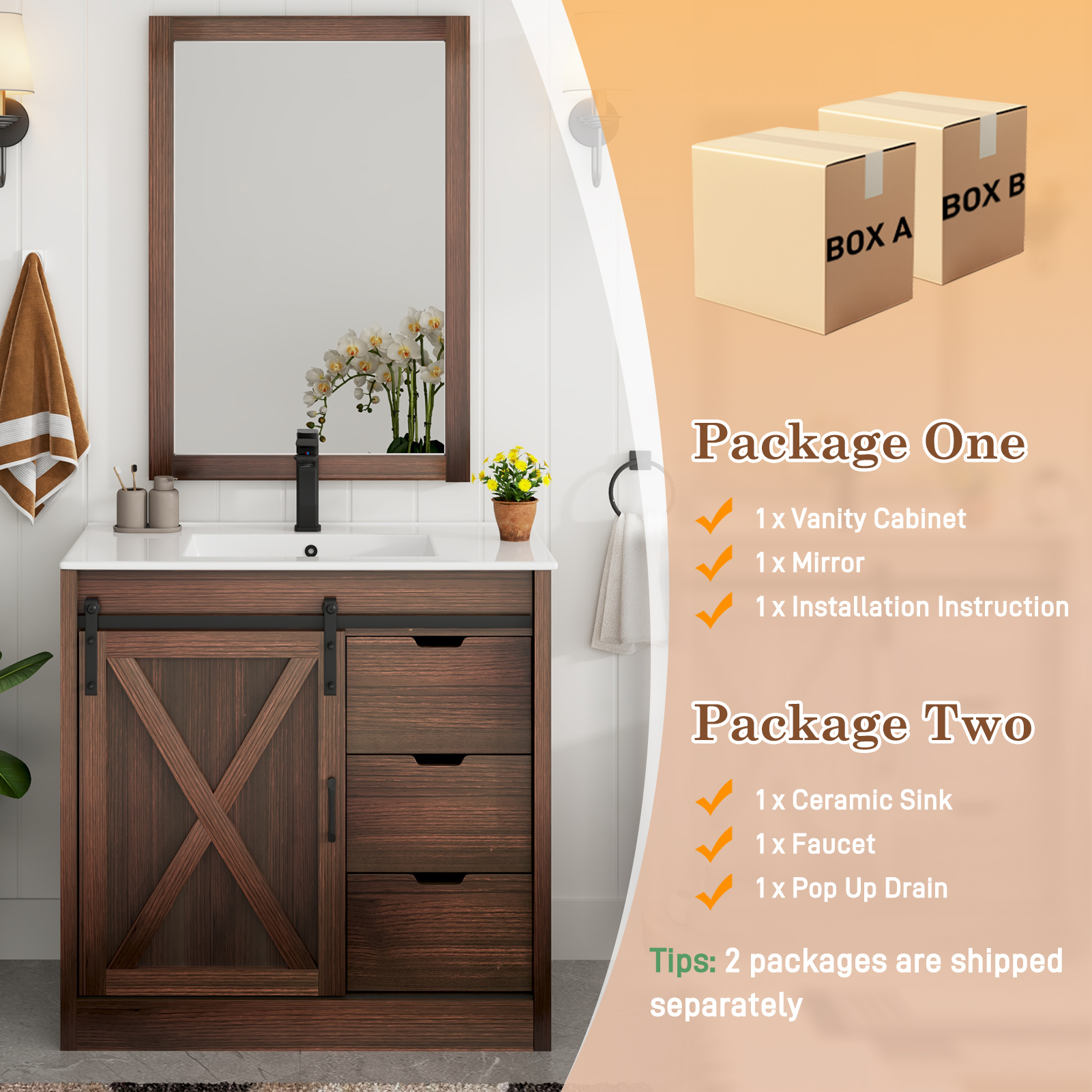 Blotout 36" Bathroom Vanity with Sink & Faucet & Mirror, Farmhouse Bathroom Vanity Cabinet Set with Sliding Barn Door & 3 Drawers, Freestanding Single Bath Storage Vanity Ceramic Sink