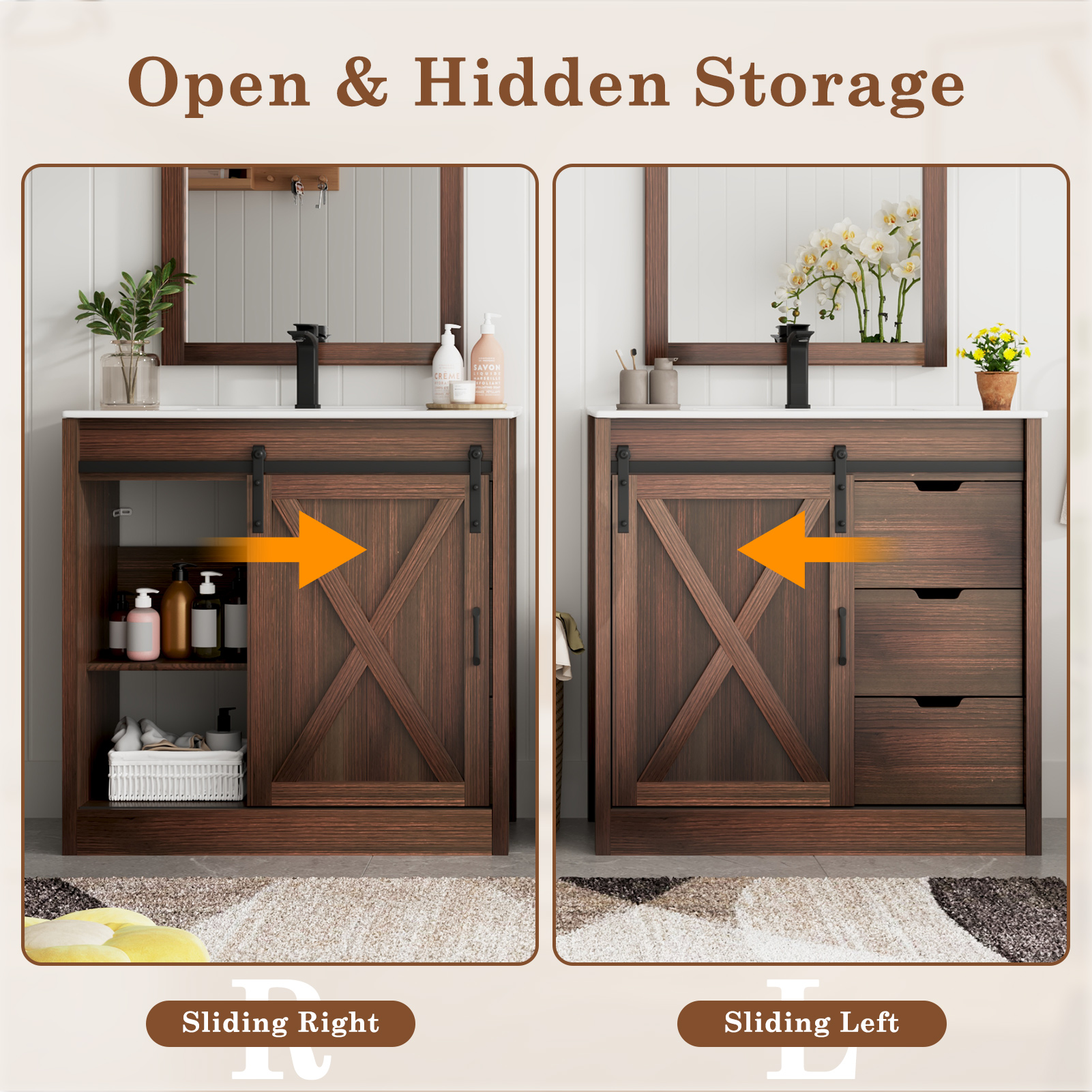 Blotout 36" Bathroom Vanity with Sink & Faucet & Mirror, Farmhouse Bathroom Vanity Cabinet Set with Sliding Barn Door & 3 Drawers, Freestanding Single Bath Storage Vanity Ceramic Sink