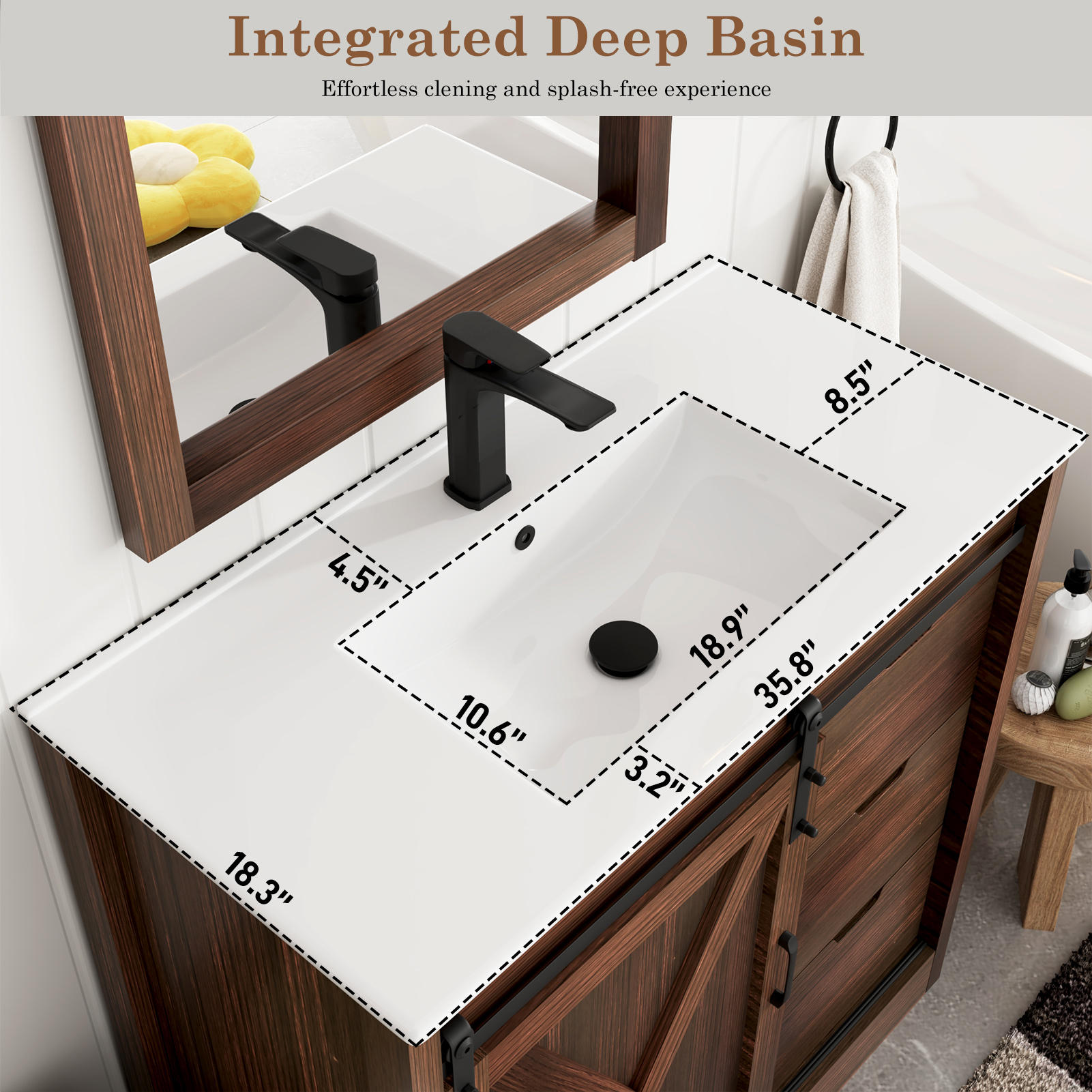 Blotout 36" Bathroom Vanity with Sink & Faucet & Mirror, Farmhouse Bathroom Vanity Cabinet Set with Sliding Barn Door & 3 Drawers, Freestanding Single Bath Storage Vanity Ceramic Sink