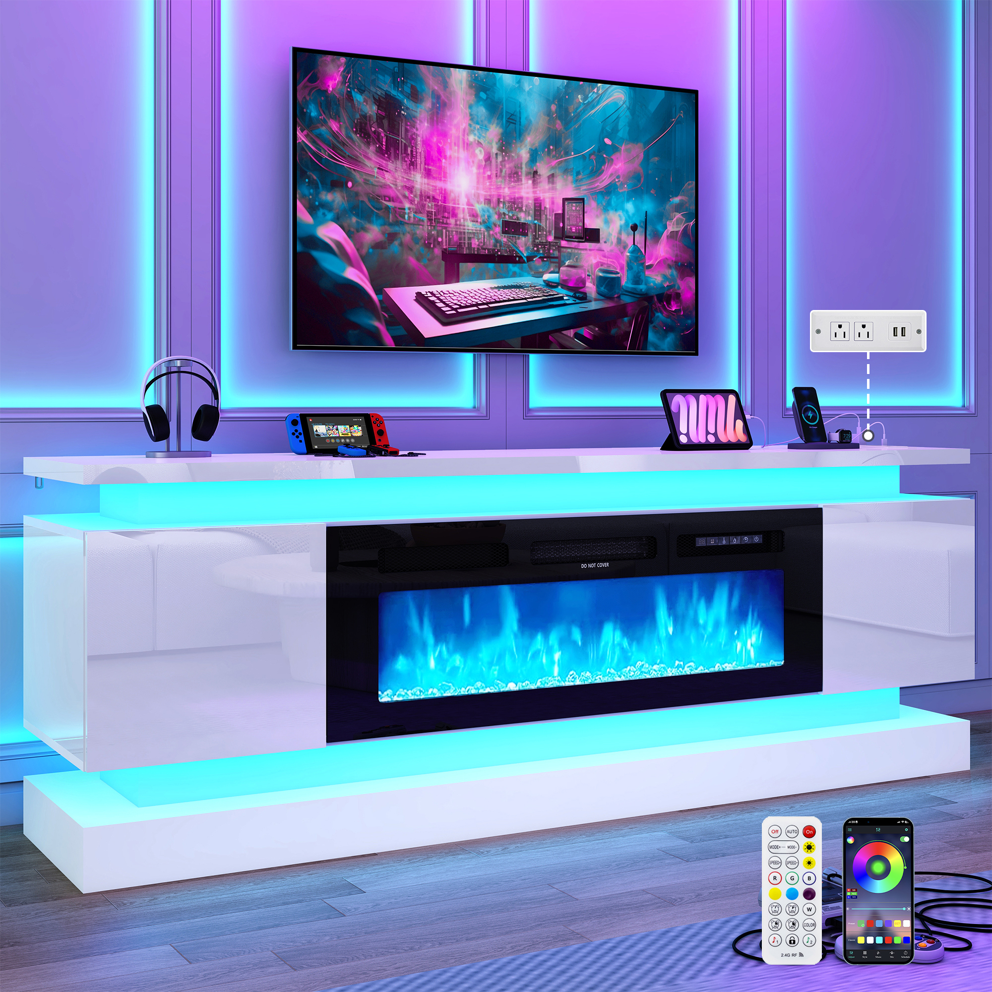 Blotout 71" Fireplace TV Stand with 40" Fireplace, LED Lights & Power Outlet for 85/80/75 Inch TV, Modern Gaming Entertainment Center with High Gloss Cabinet, Media TV Console for Living Room