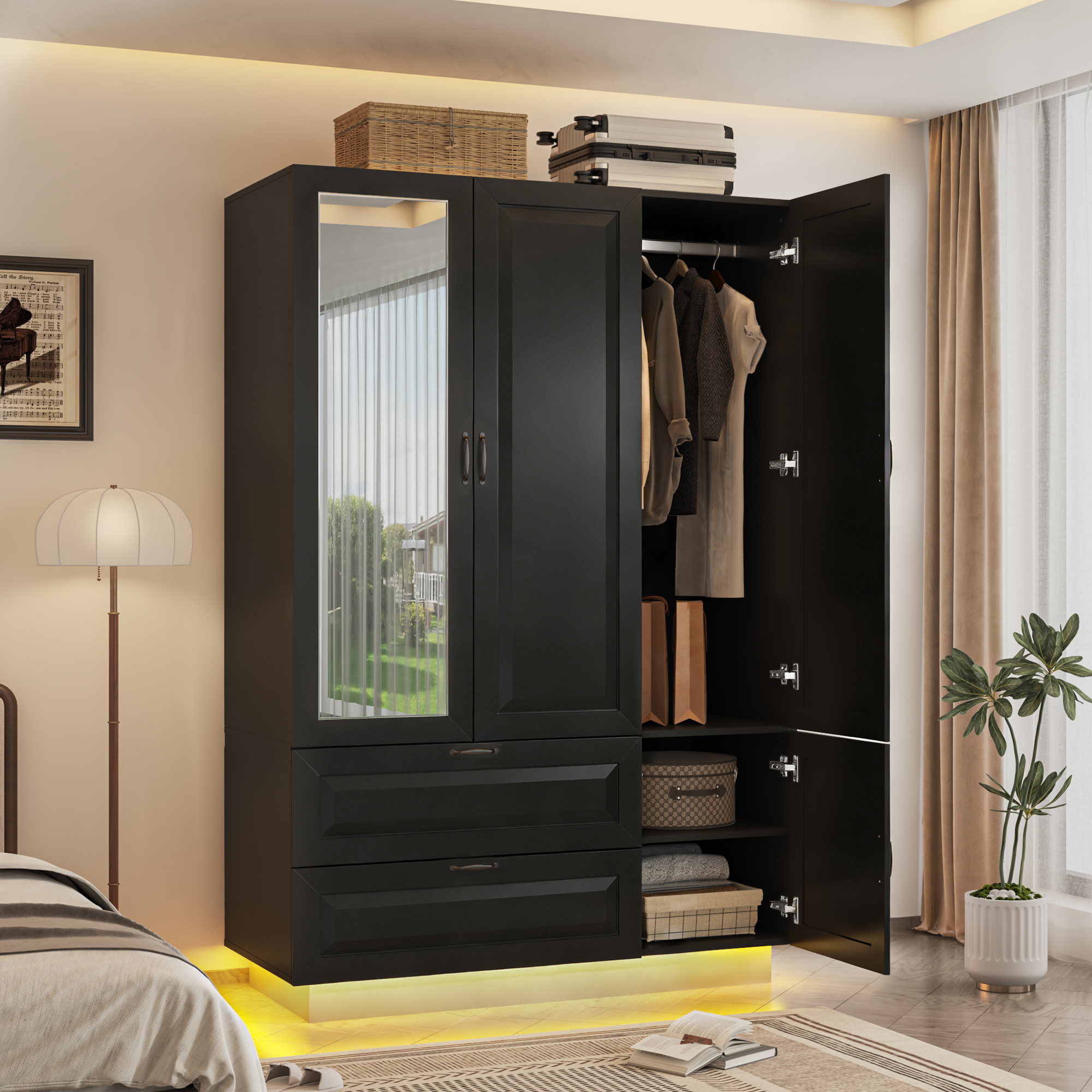 ANPOO Mid-Century Modern Concave-Convex Bedroom Armoire, 3 Door Freestanding Wardrobe Closet with Mirrors, LED Lights, 70.3" Tall Wooden Storage Cabinet with Drawers & Shelves