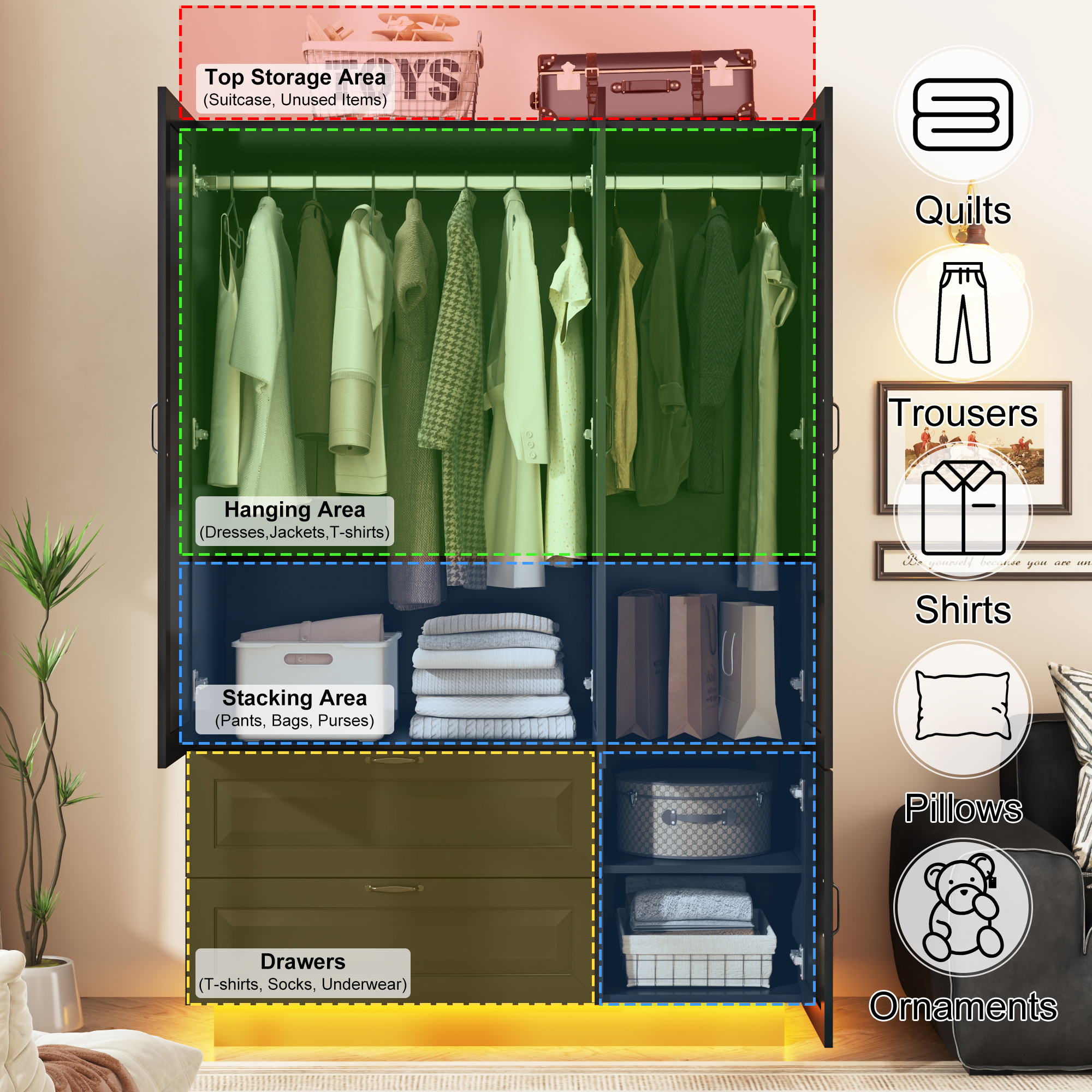 ANPOO Mid-Century Modern Concave-Convex Bedroom Armoire, 3 Door Freestanding Wardrobe Closet with Mirrors, LED Lights, 70.3" Tall Wooden Storage Cabinet with Drawers & Shelves