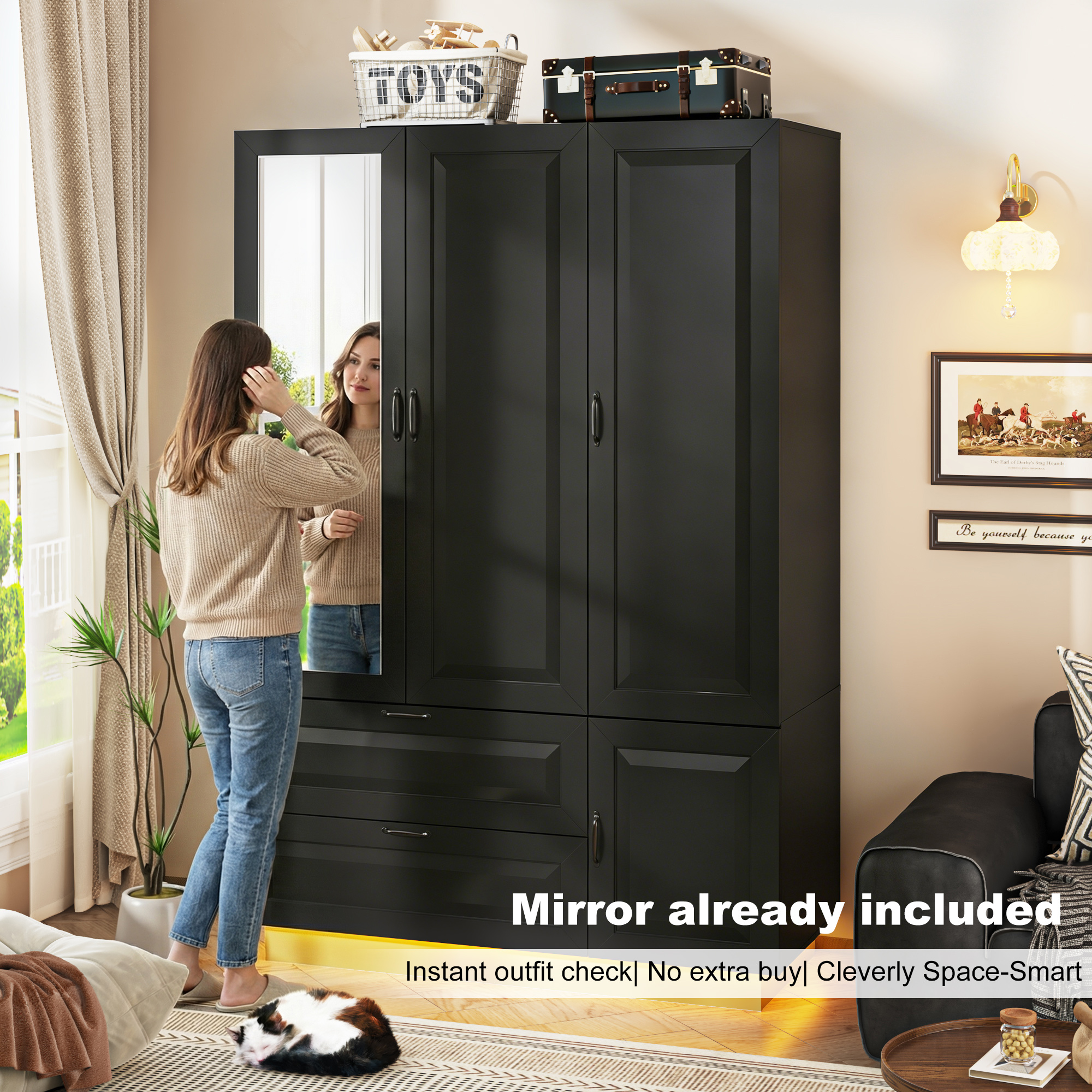 ANPOO Mid-Century Modern Concave-Convex Bedroom Armoire, 3 Door Freestanding Wardrobe Closet with Mirrors, LED Lights, 70.3" Tall Wooden Storage Cabinet with Drawers & Shelves