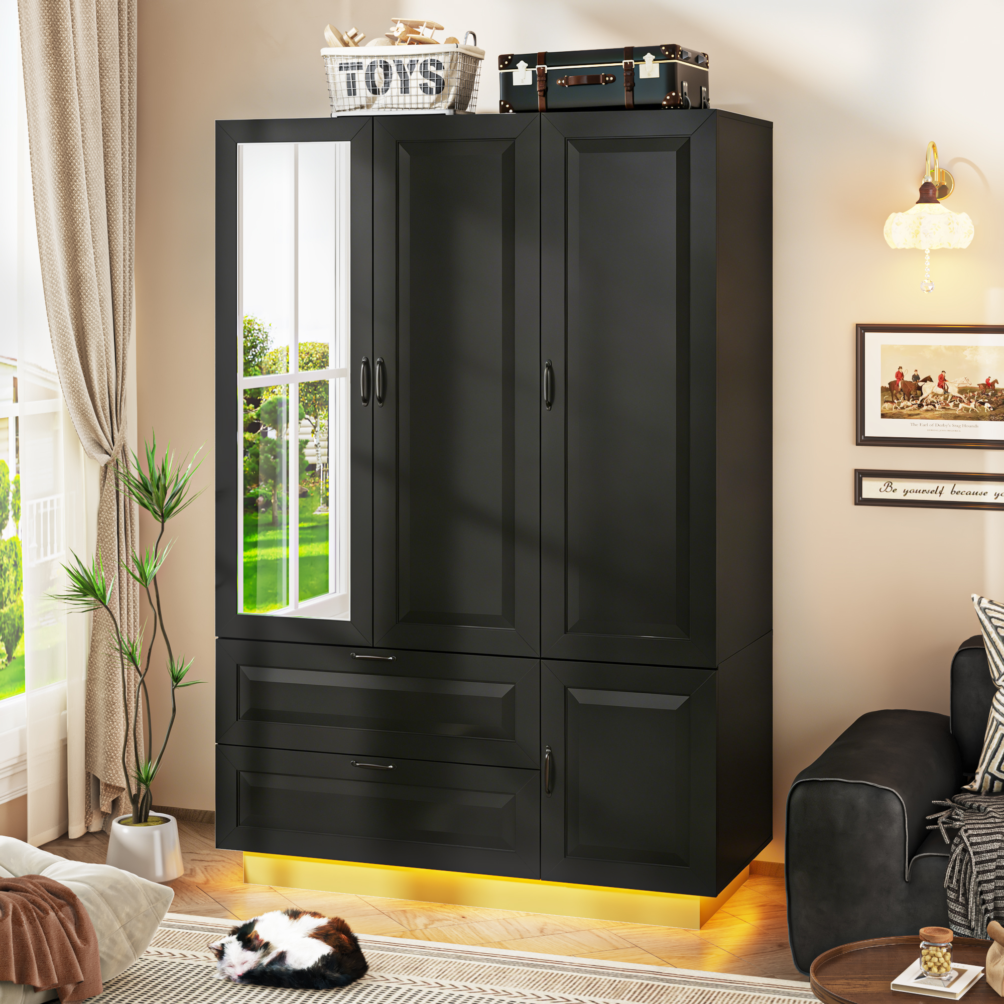 ANPOO Mid-Century Modern Concave-Convex Bedroom Armoire, 3 Door Freestanding Wardrobe Closet with Mirrors, LED Lights, 70.3" Tall Wooden Storage Cabinet with Drawers & Shelves