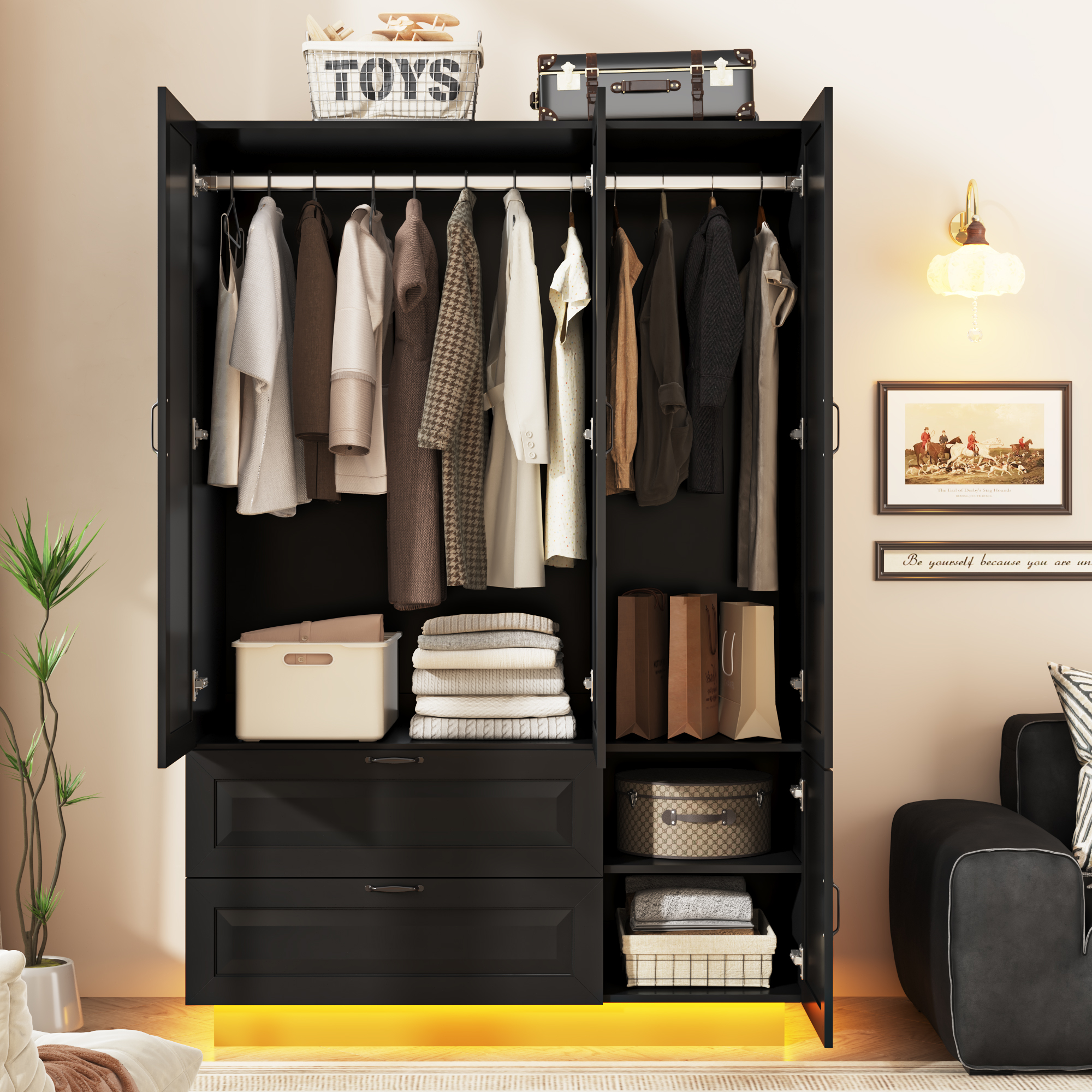 ANPOO Mid-Century Modern Concave-Convex Bedroom Armoire, 3 Door Freestanding Wardrobe Closet with Mirrors, LED Lights, 70.3" Tall Wooden Storage Cabinet with Drawers & Shelves