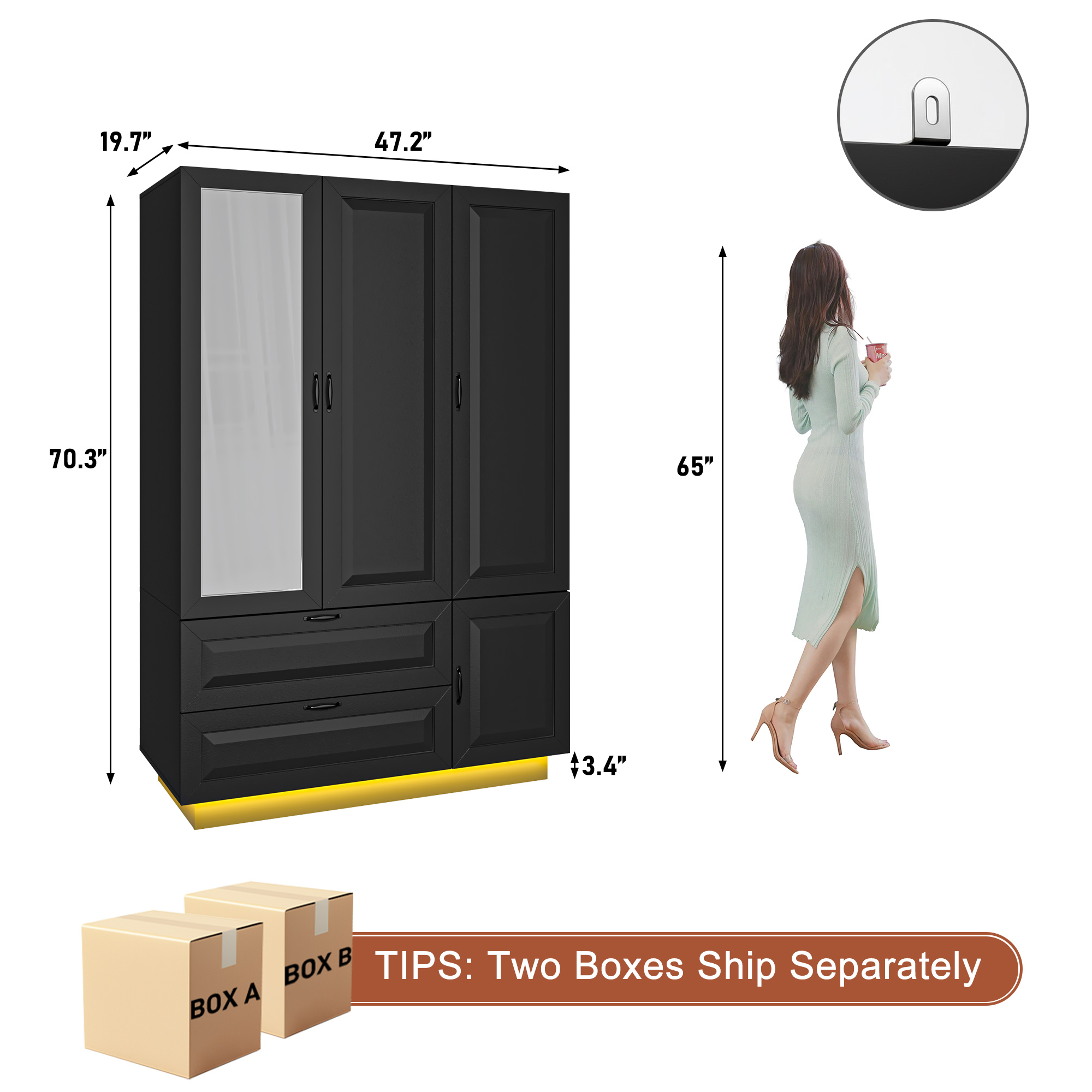 ANPOO Mid-Century Modern Concave-Convex Bedroom Armoire, 3 Door Freestanding Wardrobe Closet with Mirrors, LED Lights, 70.3" Tall Wooden Storage Cabinet with Drawers & Shelves